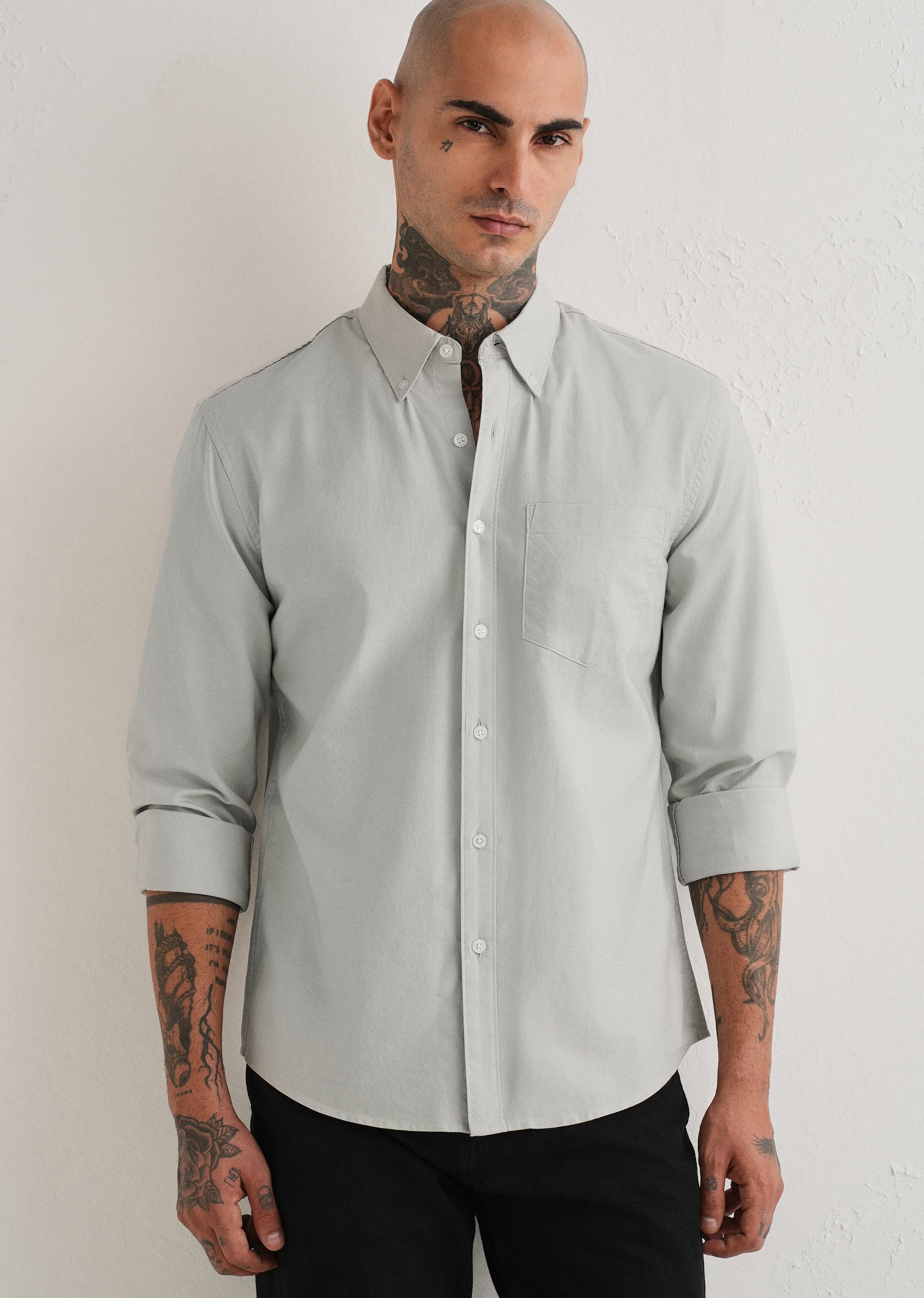 Grey Plain Cotton Oxford Shirt - Image 7