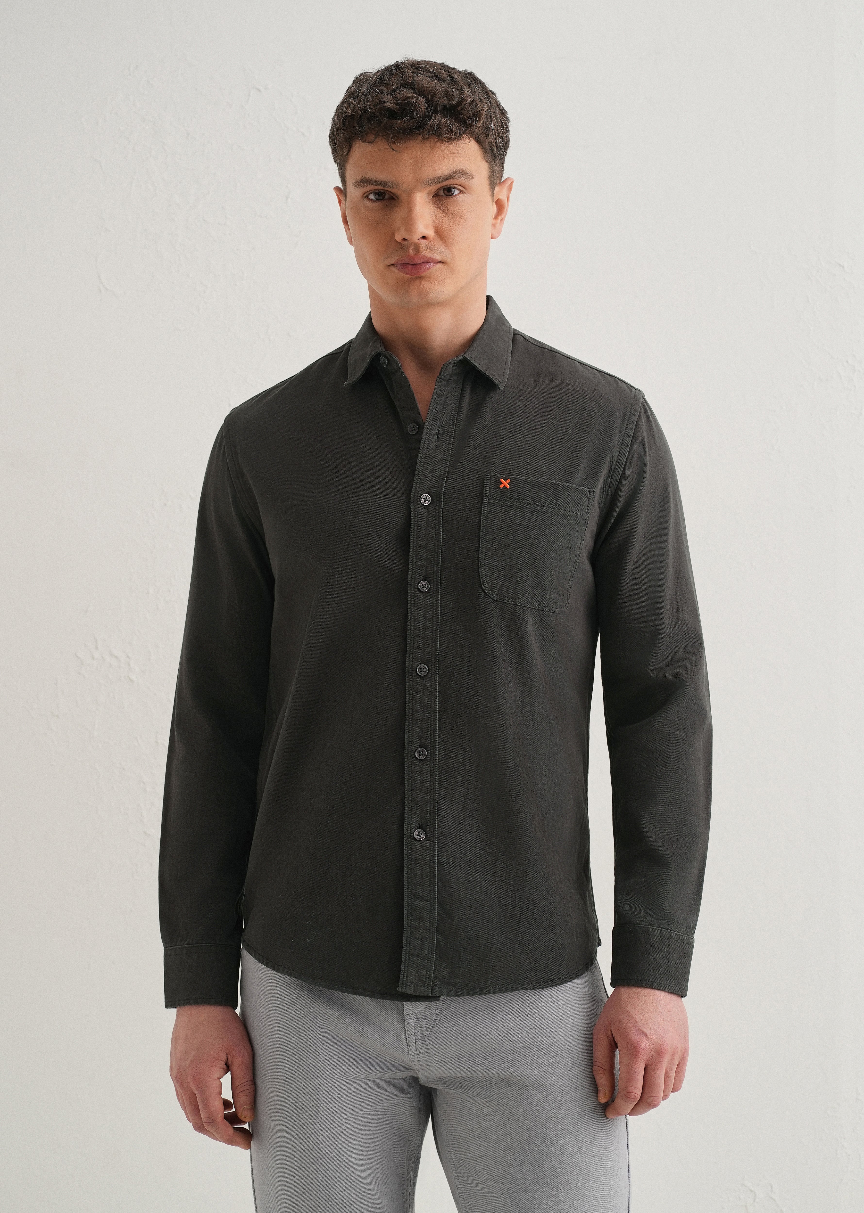 Grey Plain Cotton Single Pocket Shirt - Image 3