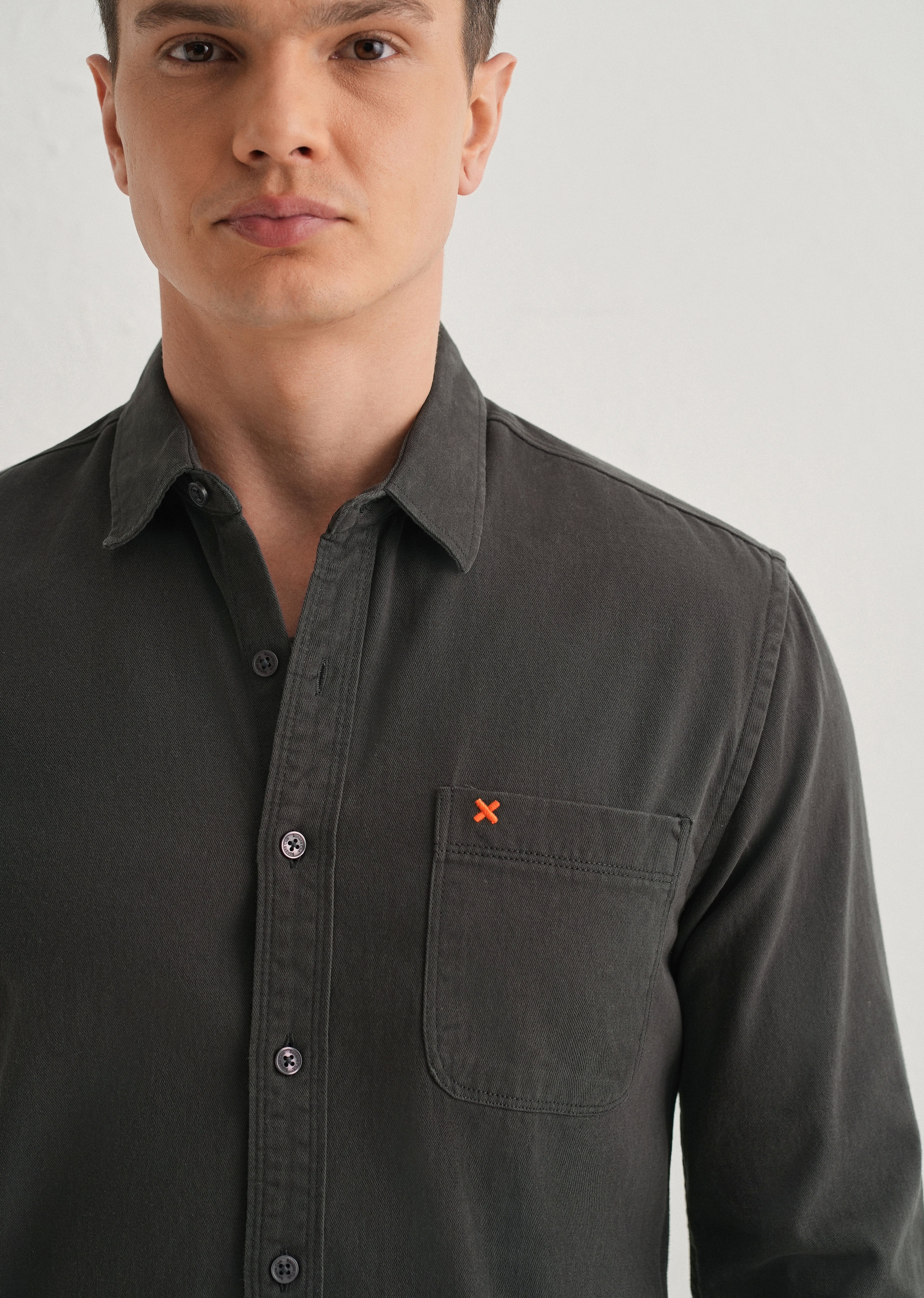 Grey Plain Cotton Single Pocket Shirt - Image 5