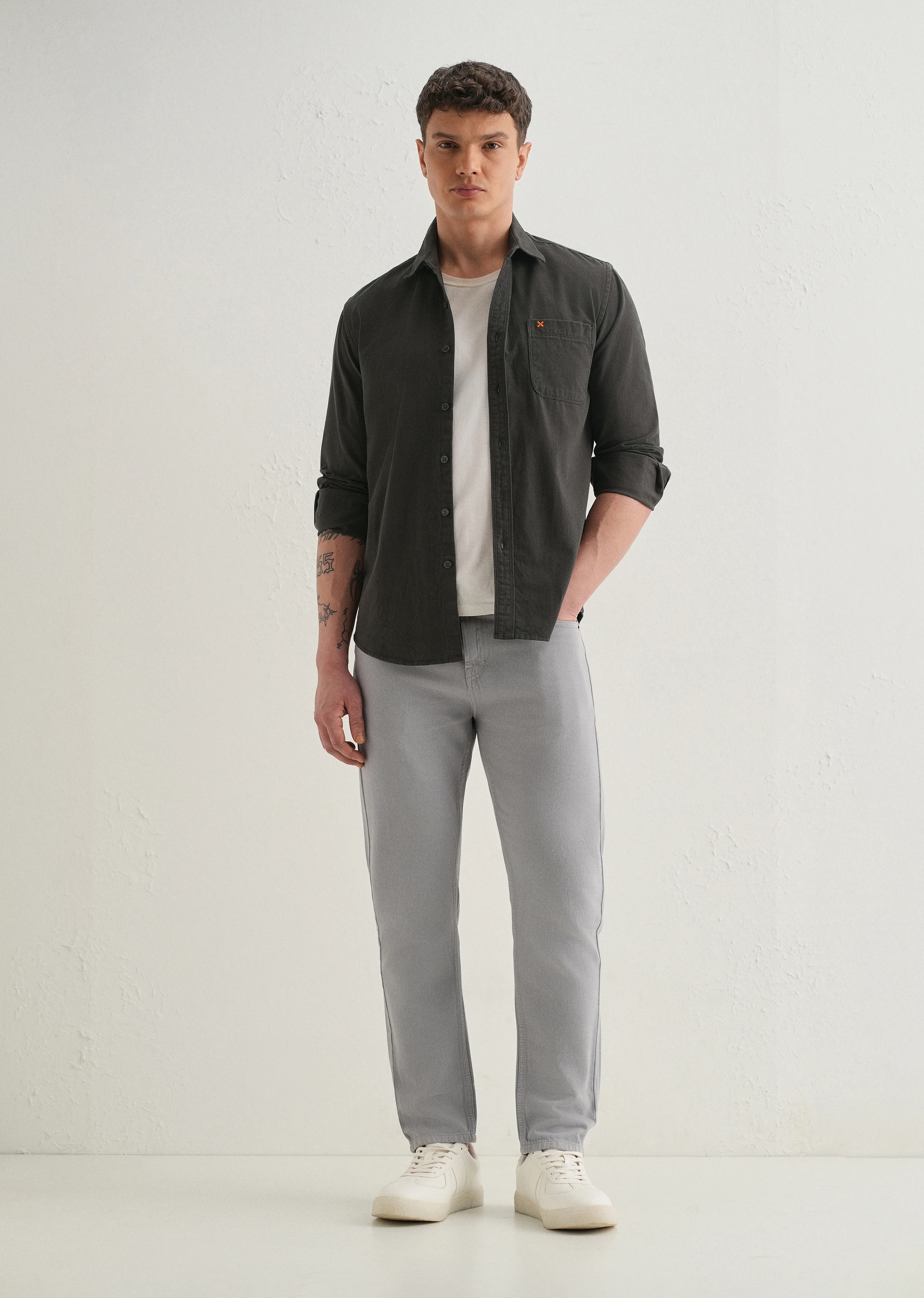 Grey Plain Cotton Single Pocket Shirt - Image 6