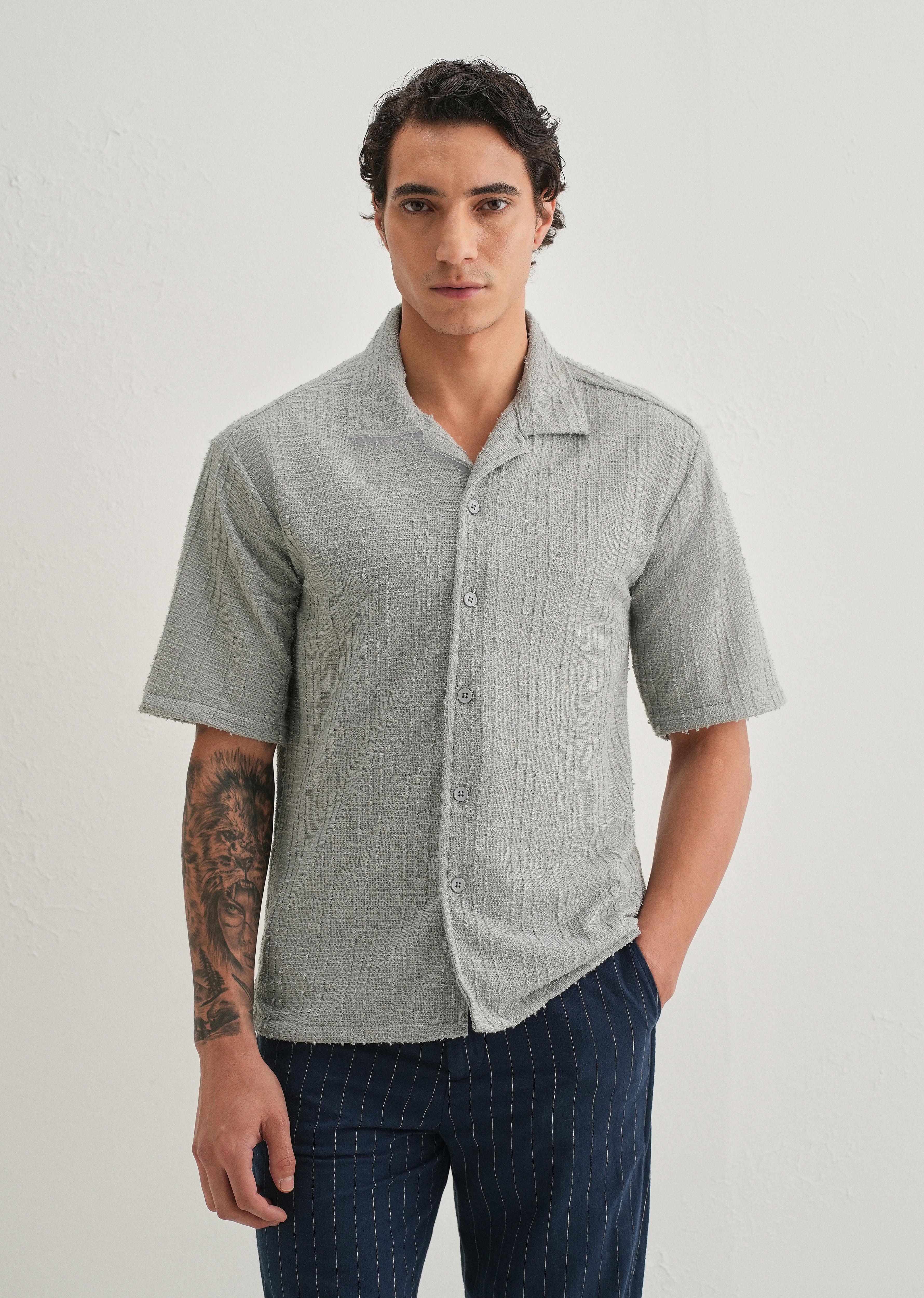Grey Plain Cuban Collar Knitted Shirt - Image 4
