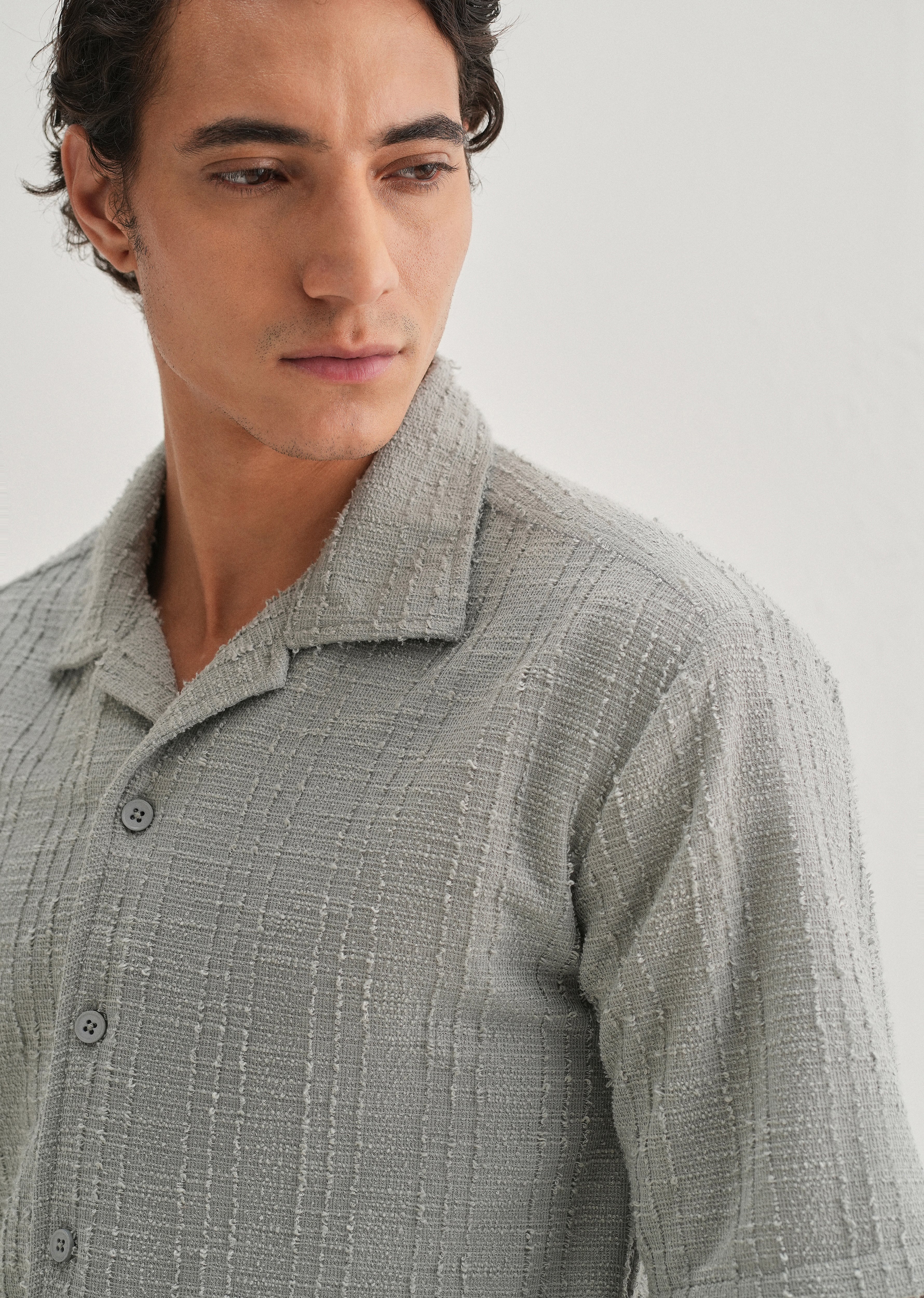 Grey Plain Cuban Collar Knitted Shirt - Image 5