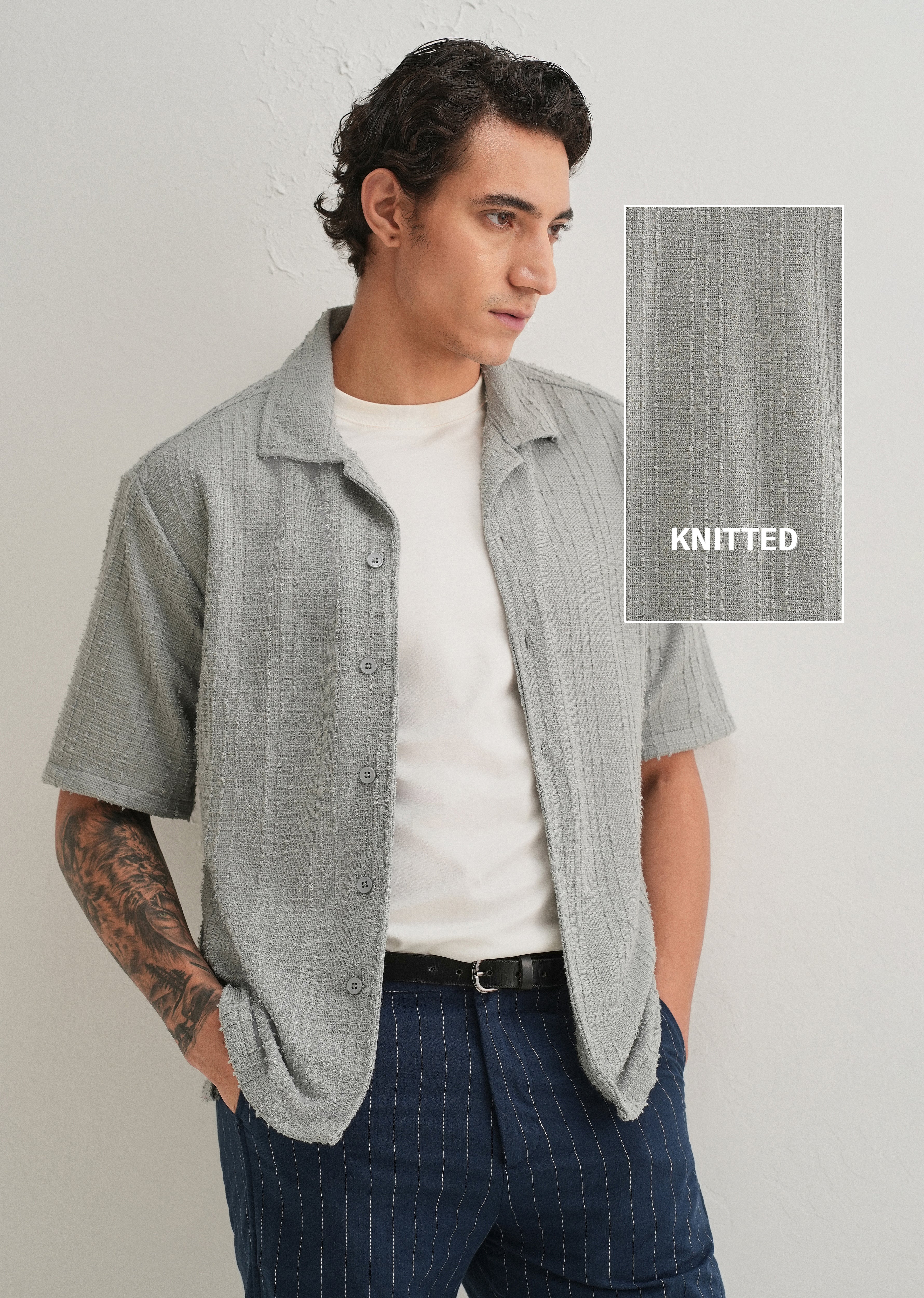 Grey Plain Cuban Collar Knitted Shirt - Image 7