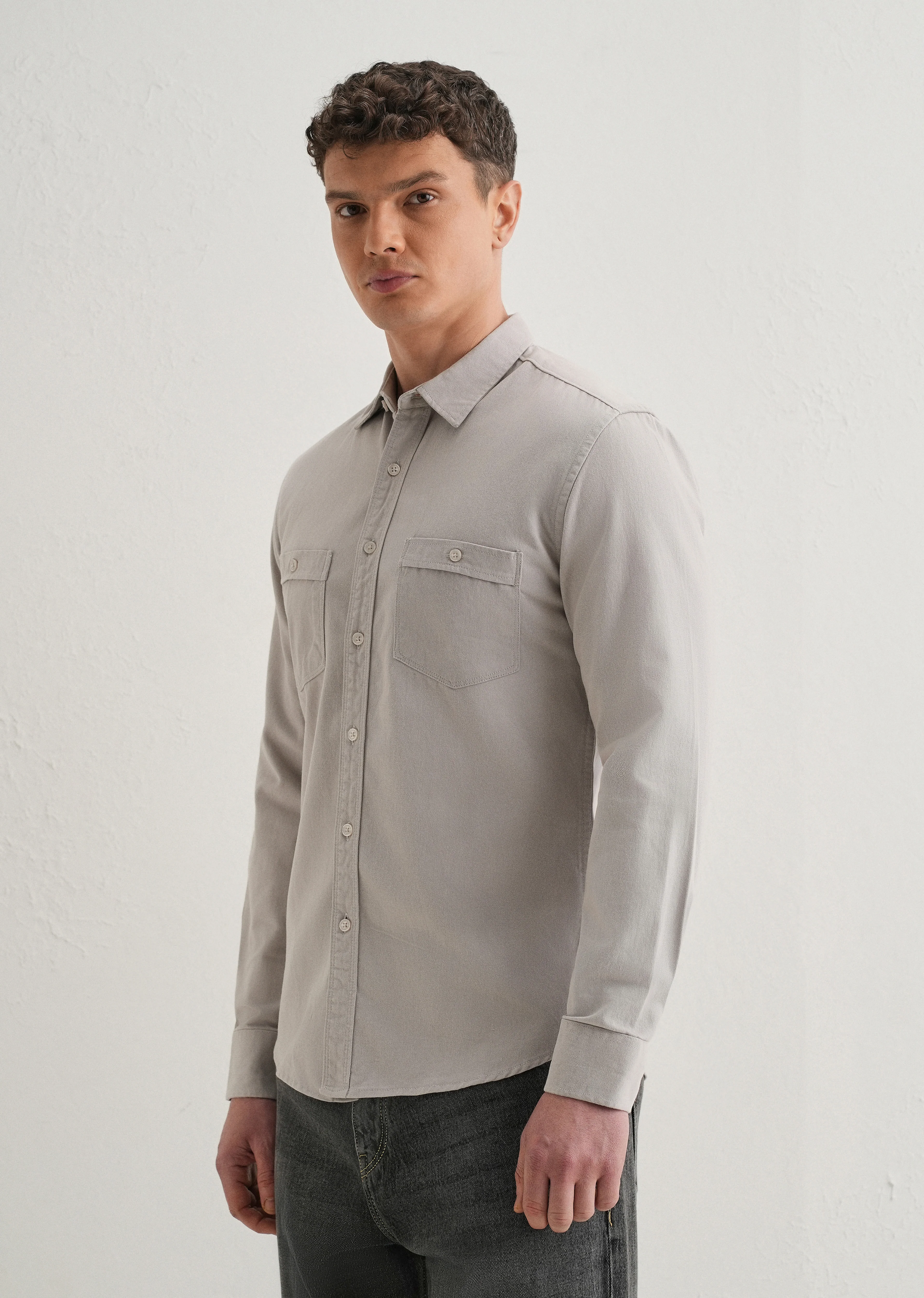 Grey Plain Double Pocket Shirt - Image 4