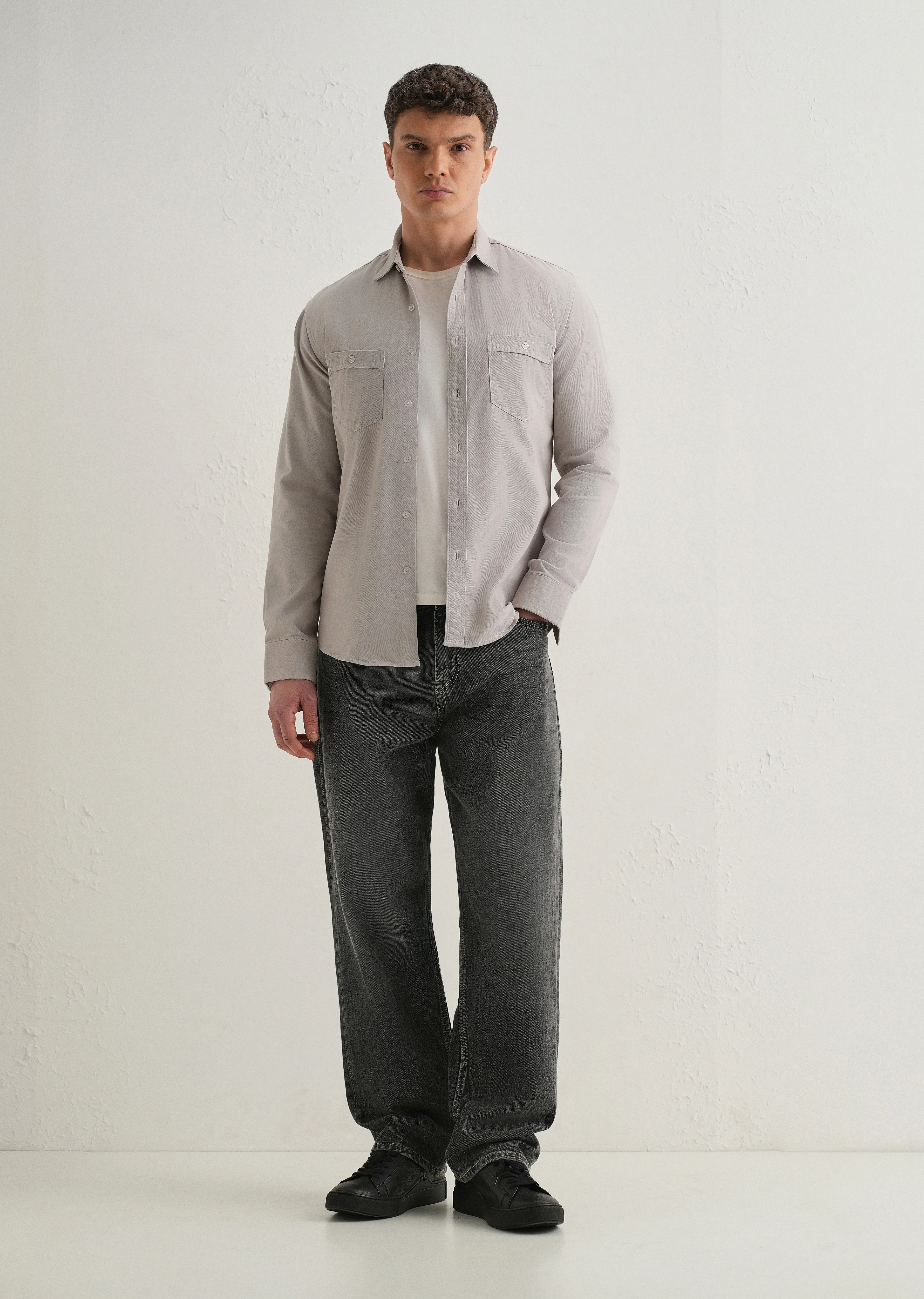 Grey Plain Double Pocket Shirt - Image 6