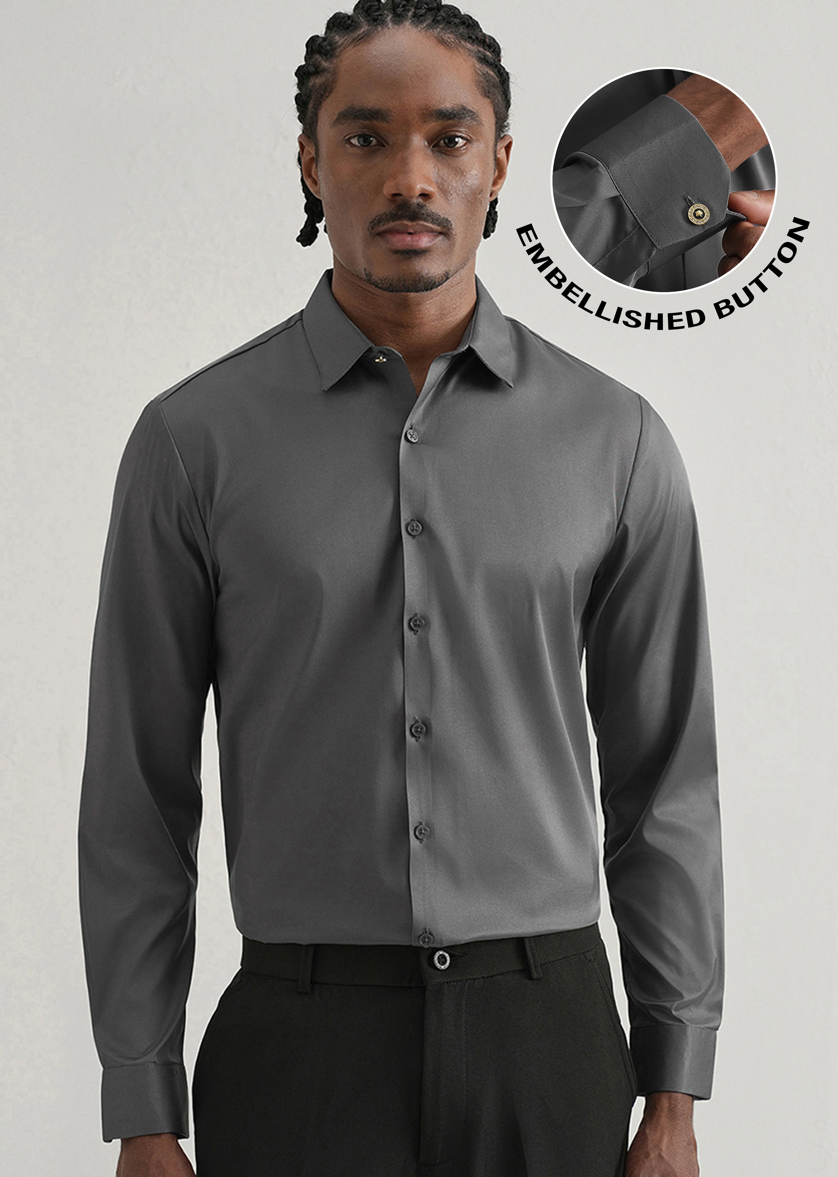 Grey Plain Stitchless Placket Shirt - Image 7