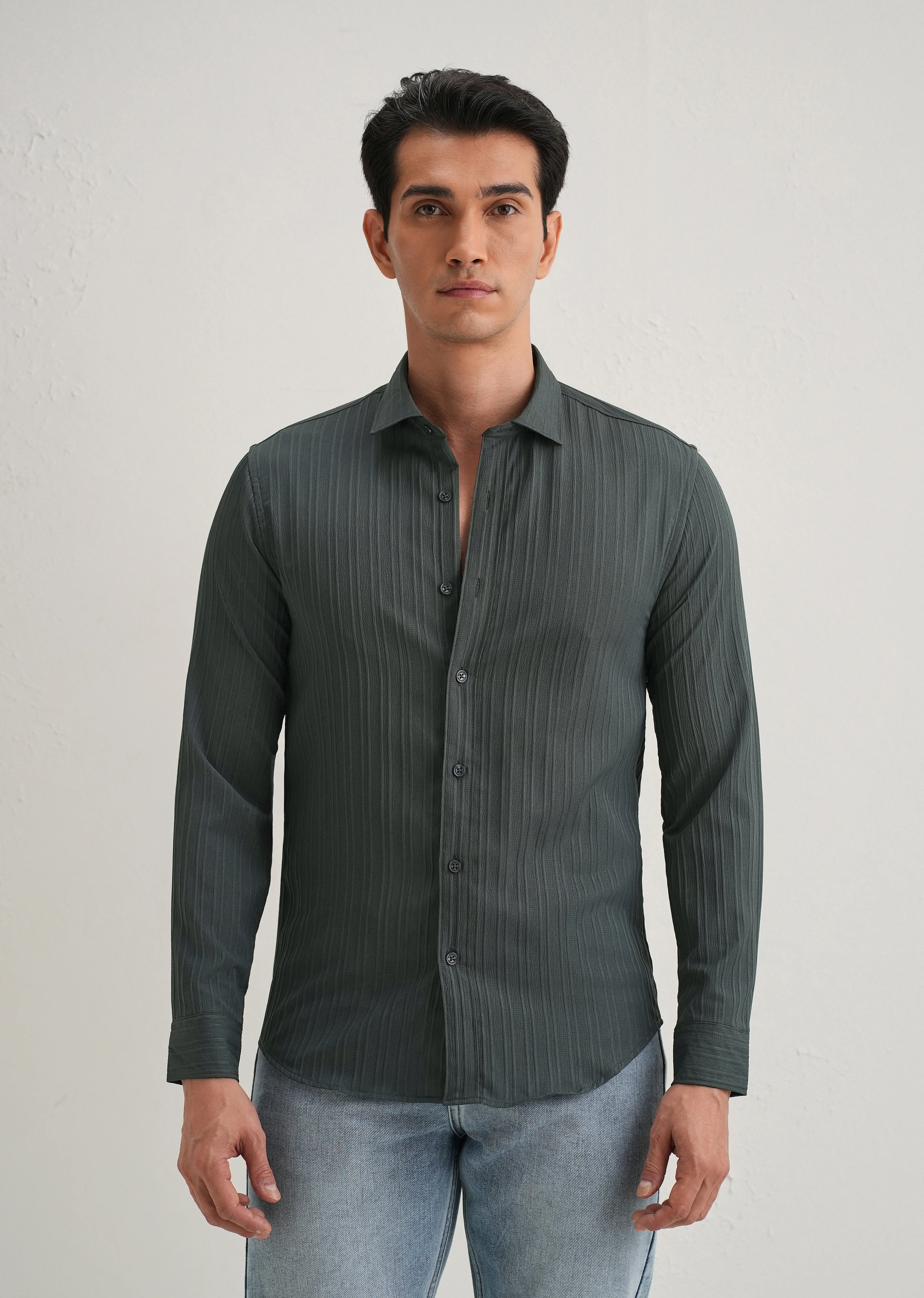 Grey Plain Self Striped Shirt - Image 3
