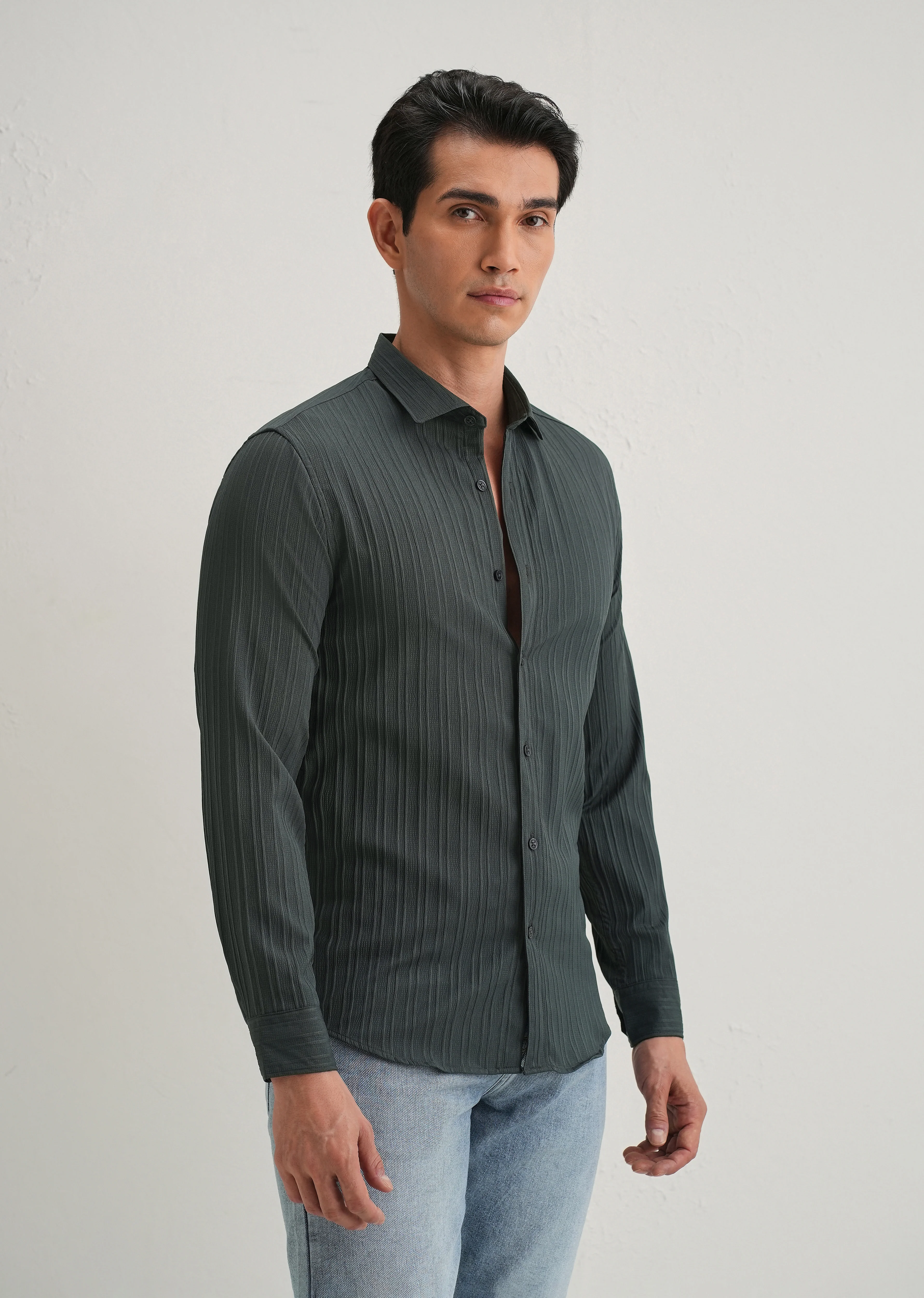 Grey Plain Self Striped Shirt - Image 4