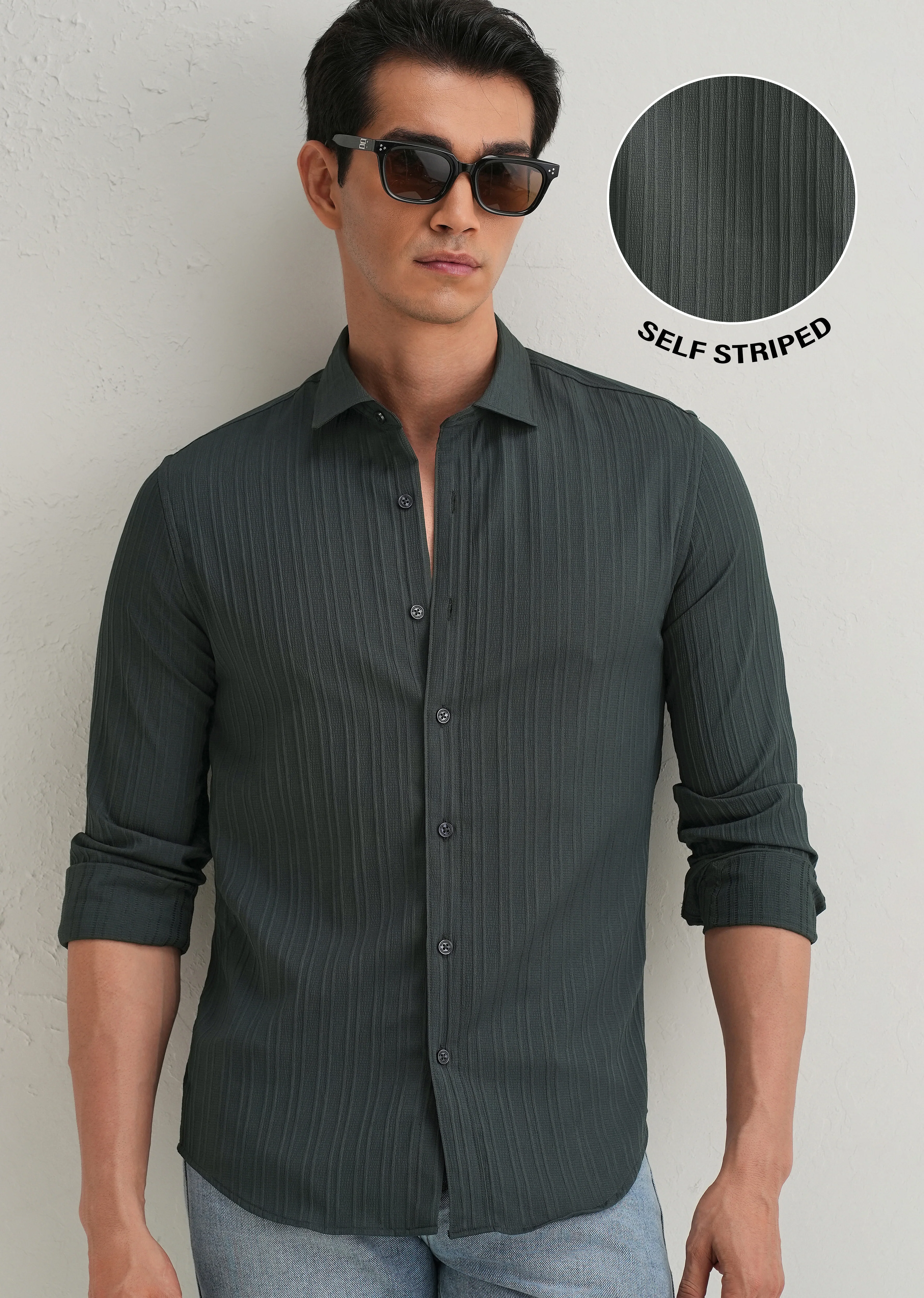 Grey Plain Self Striped Shirt - Image 7
