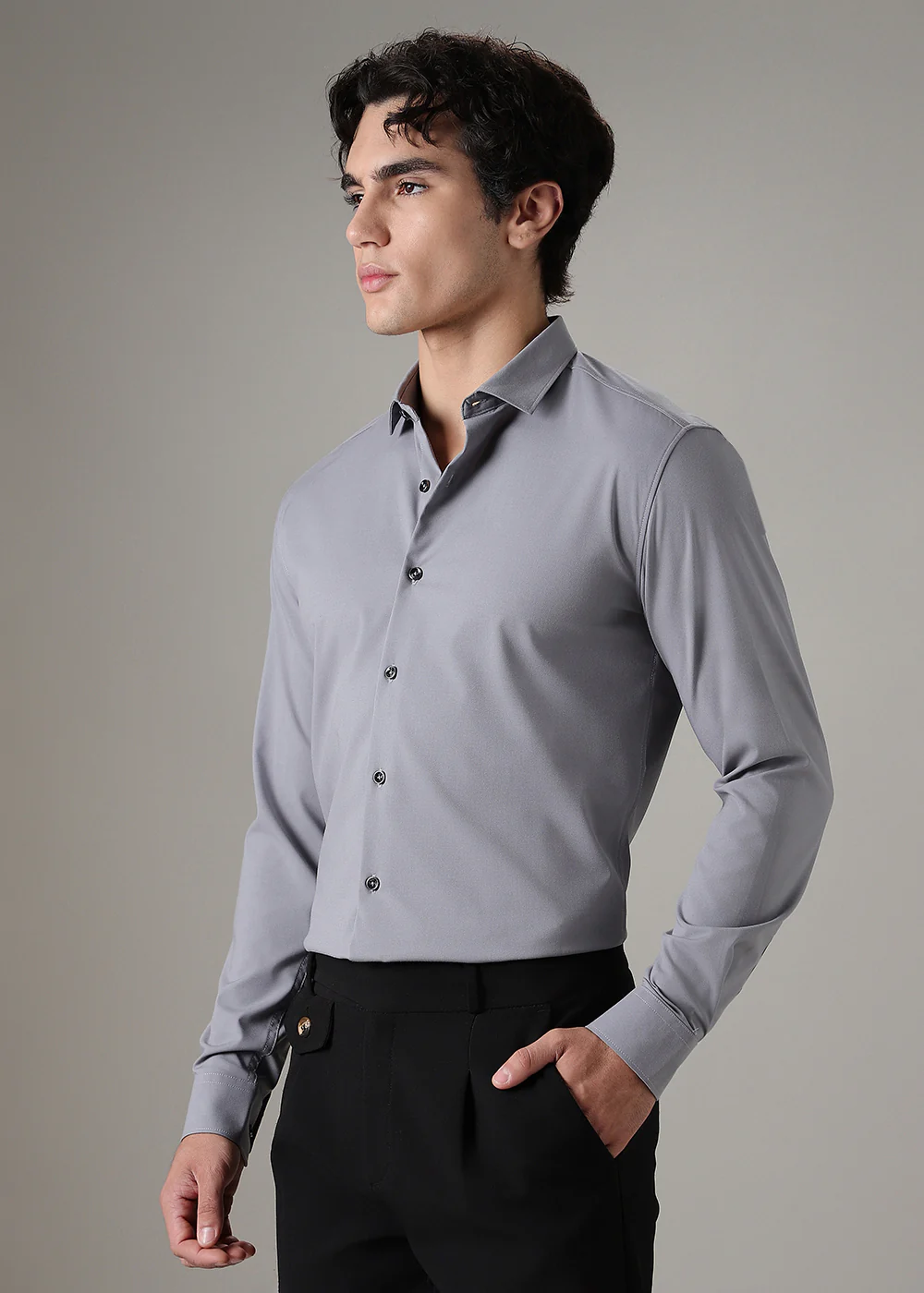 Grey Plain Wrinkle Free Shirt - Image 5