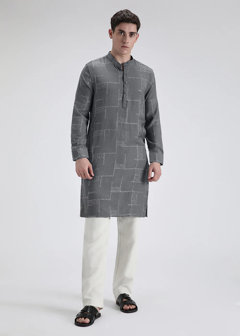 Grey Self Thread Embroidered Kurta - Image 3