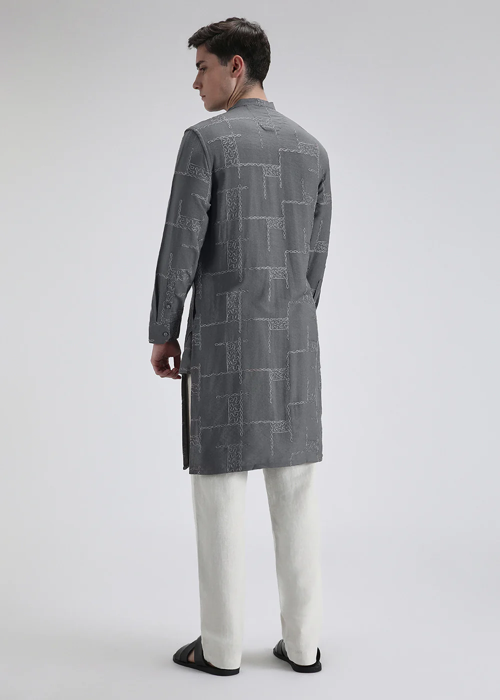 Grey Self Thread Embroidered Kurta - Image 4