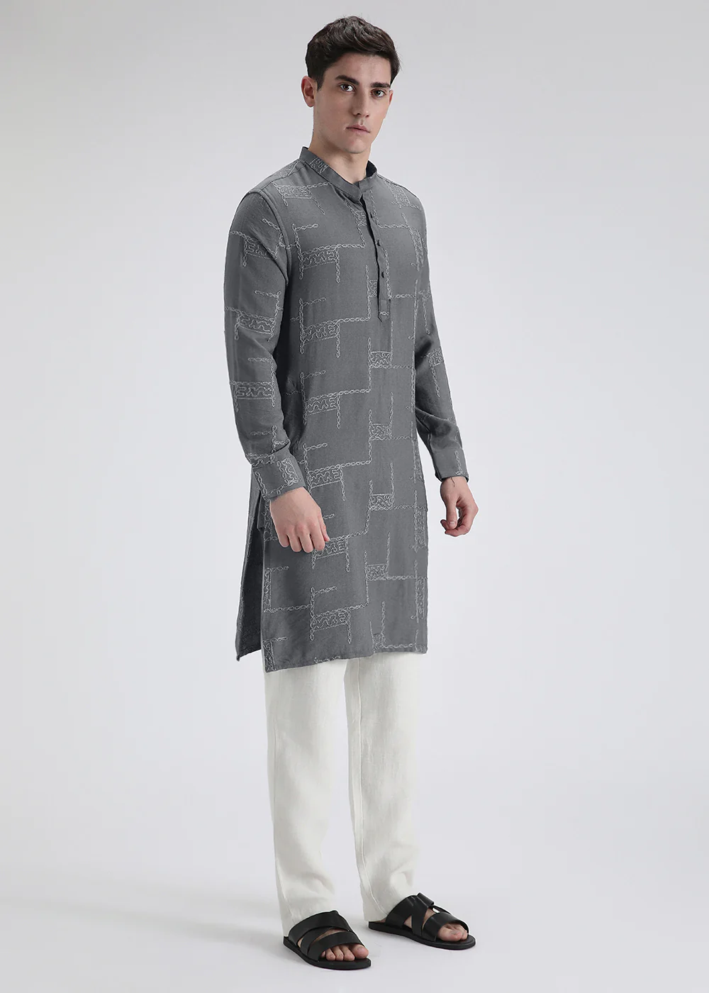Grey Self Thread Embroidered Kurta - Image 5