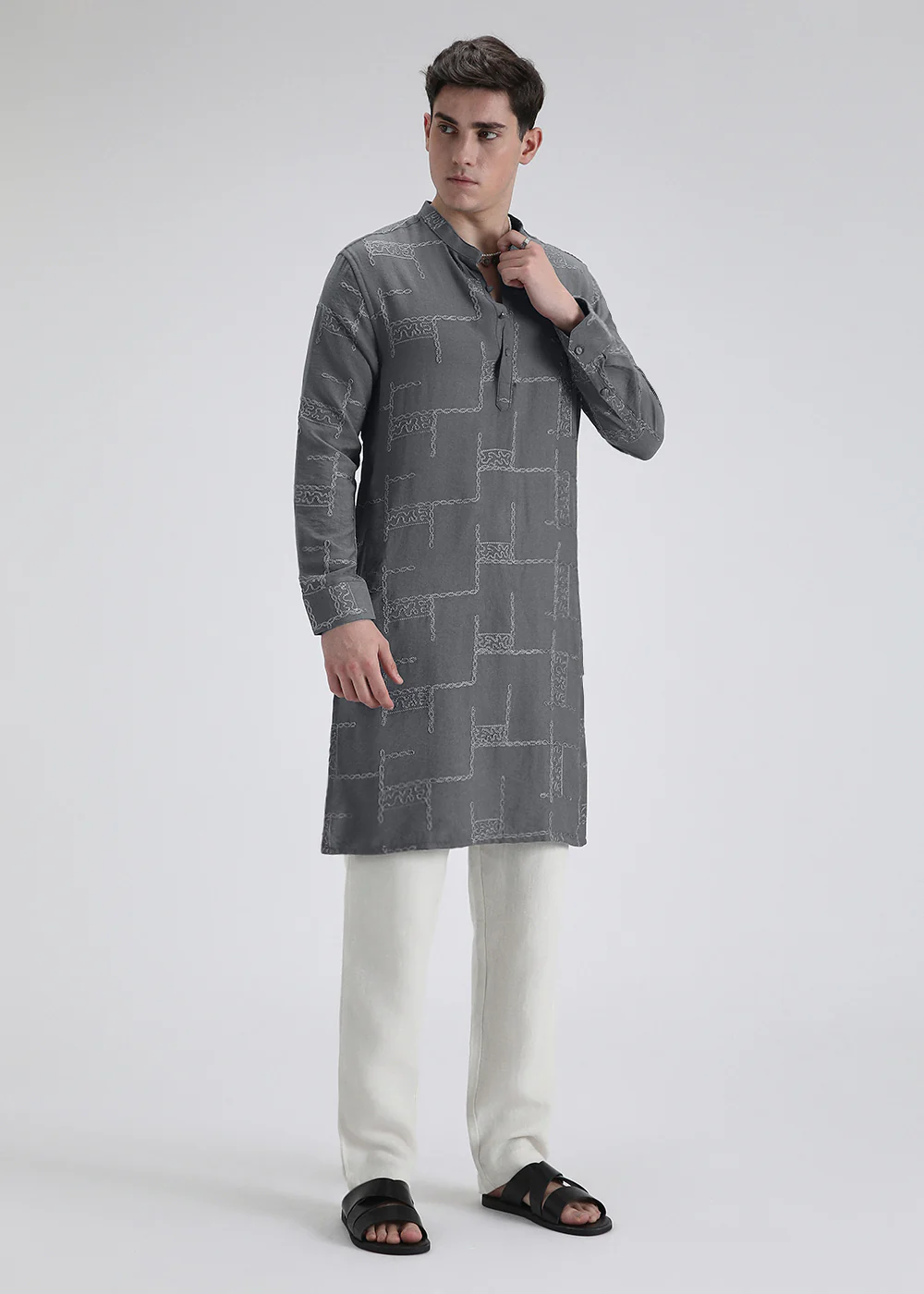 Grey Self Thread Embroidered Kurta - Image 6