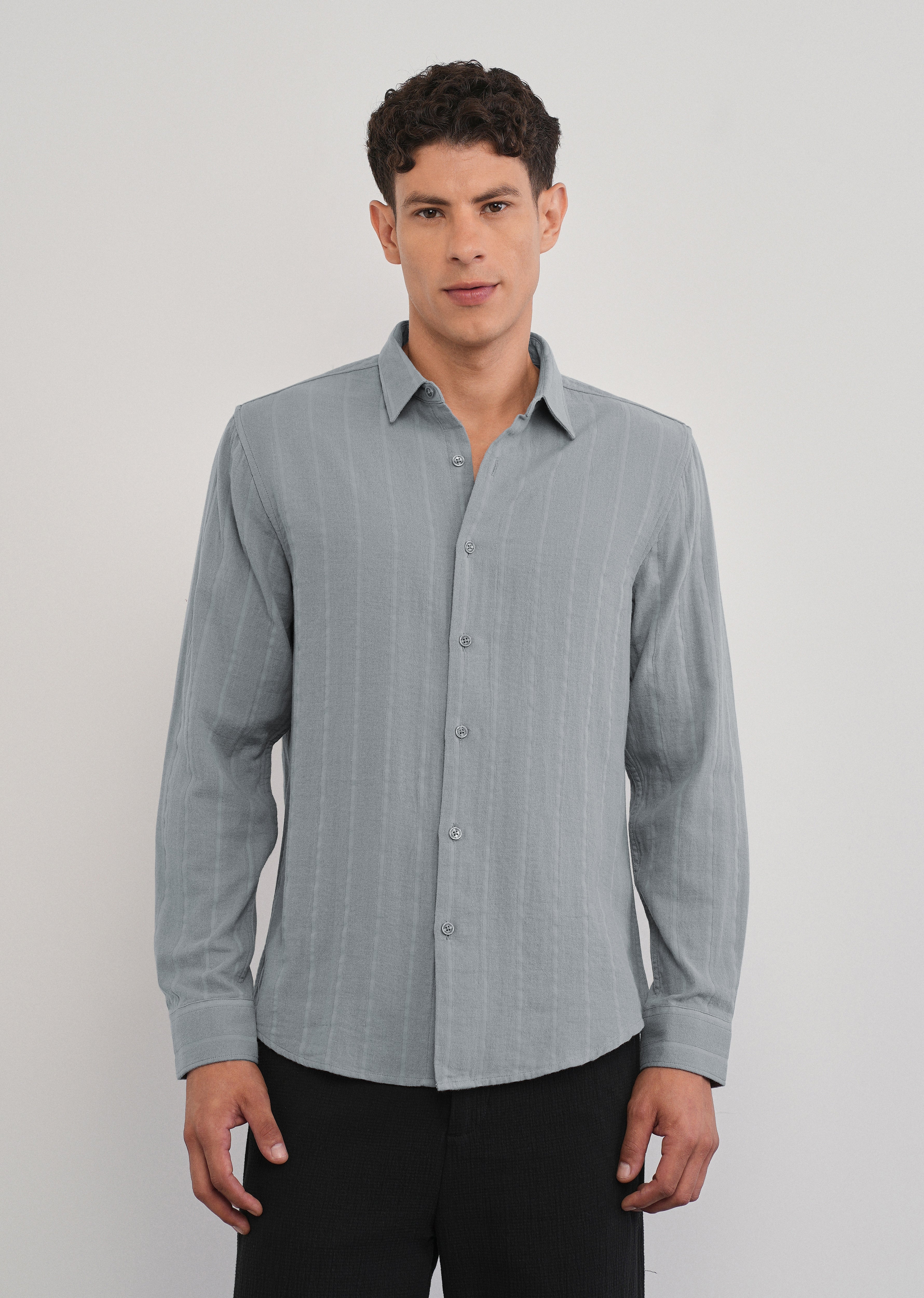 Grey Self Striped Cotton Shirt - Image 3