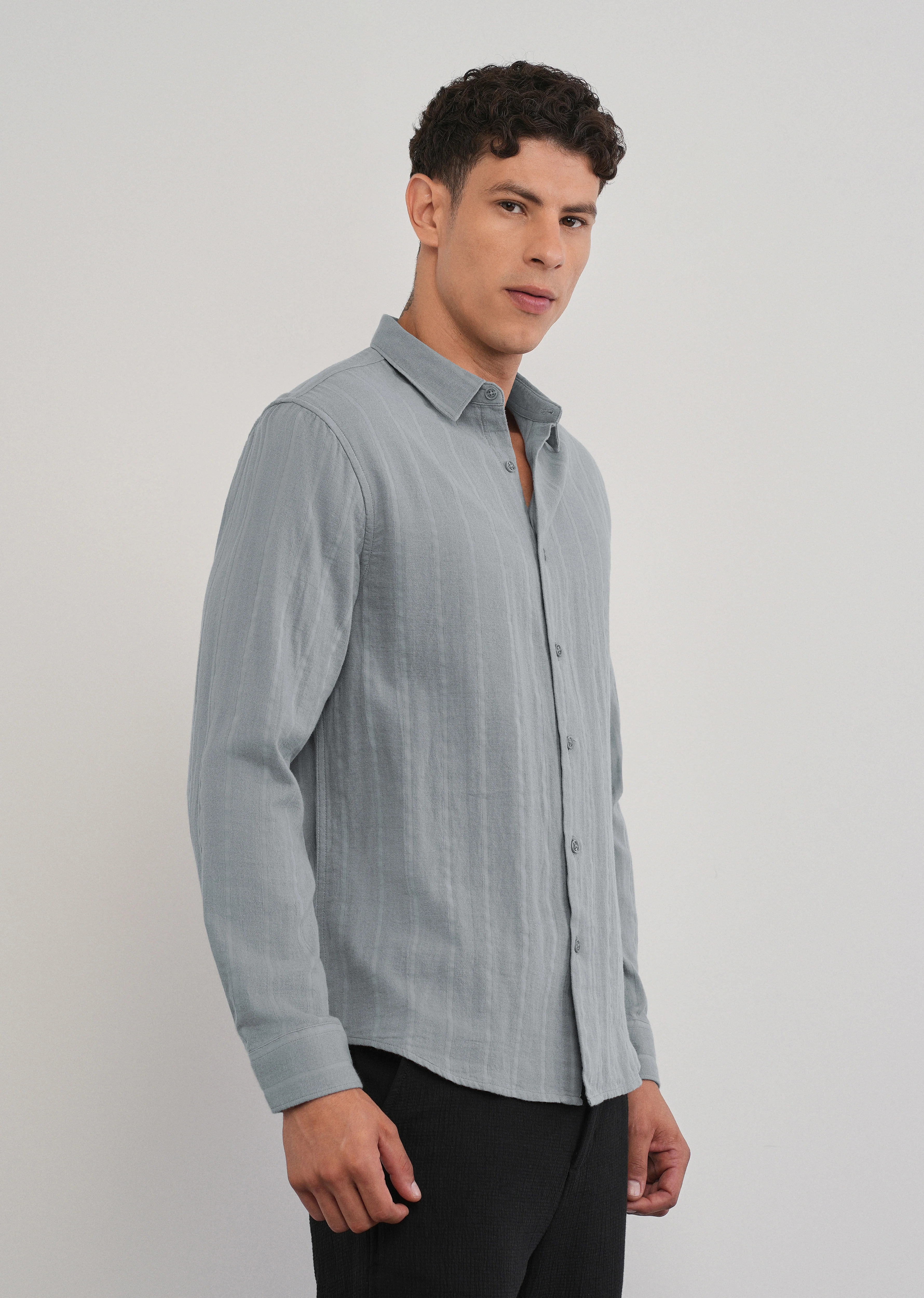 Grey Self Striped Cotton Shirt - Image 4