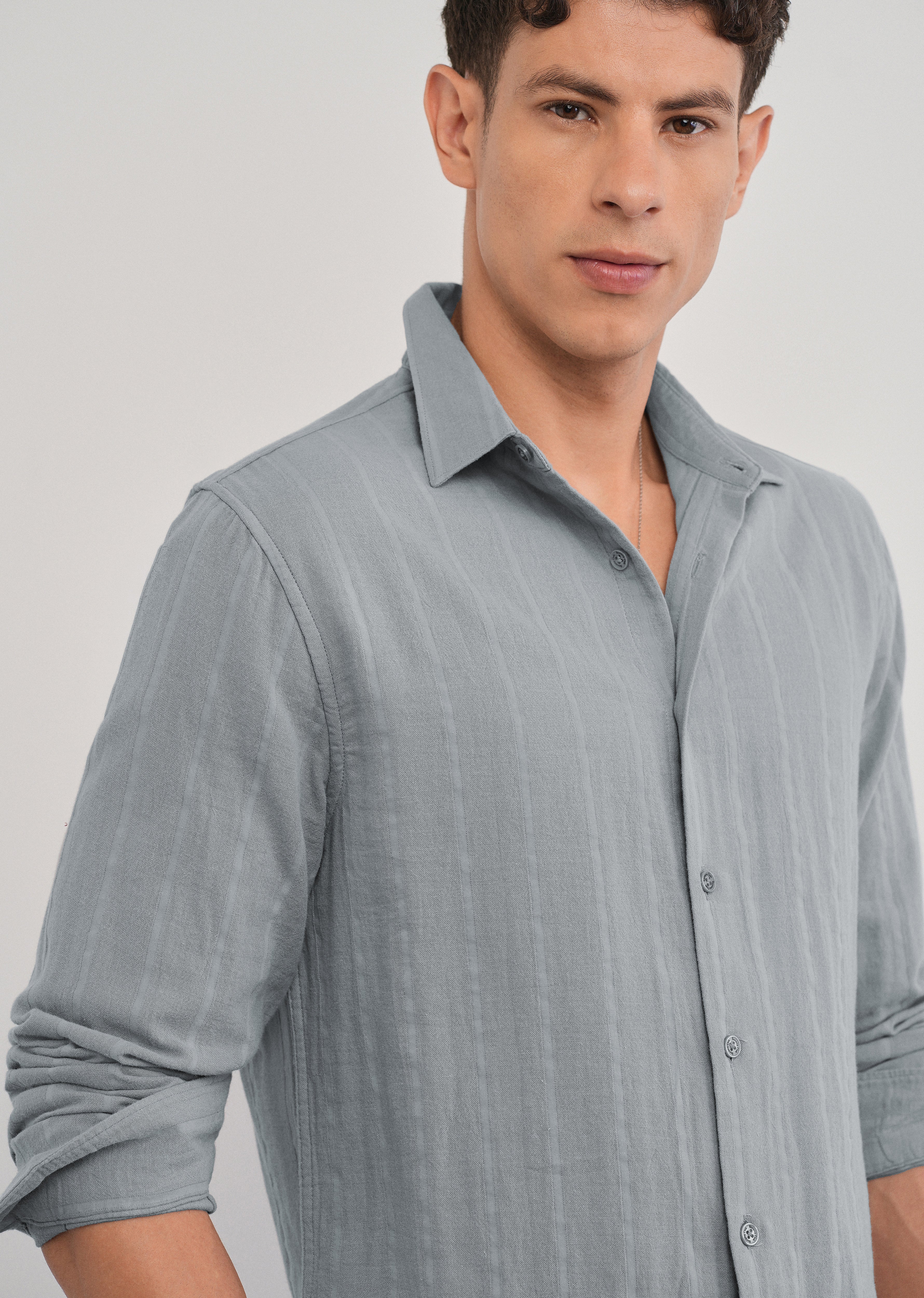Grey Self Striped Cotton Shirt - Image 5