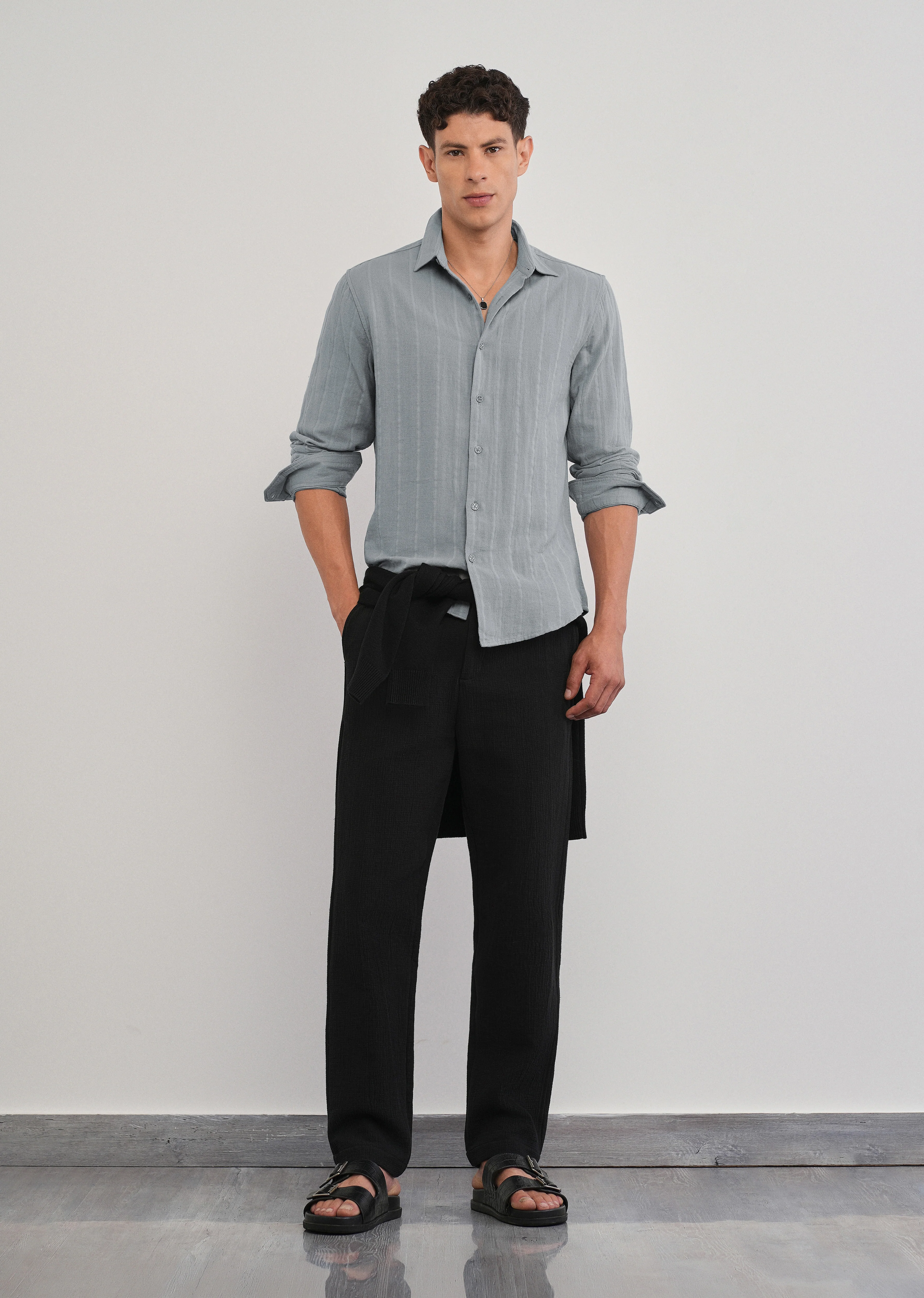 Grey Self Striped Cotton Shirt - Image 6