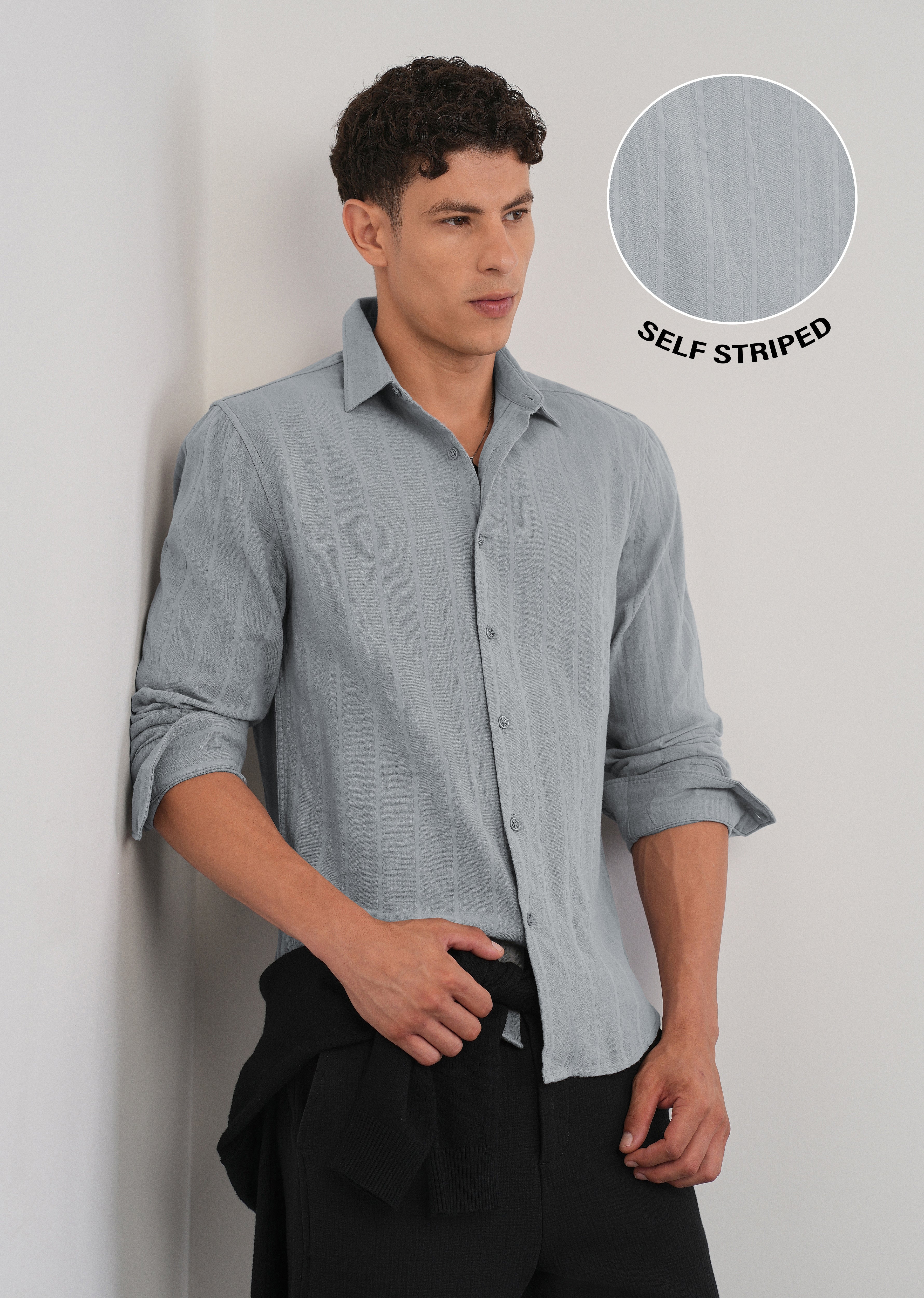 Grey Self Striped Cotton Shirt - Image 7