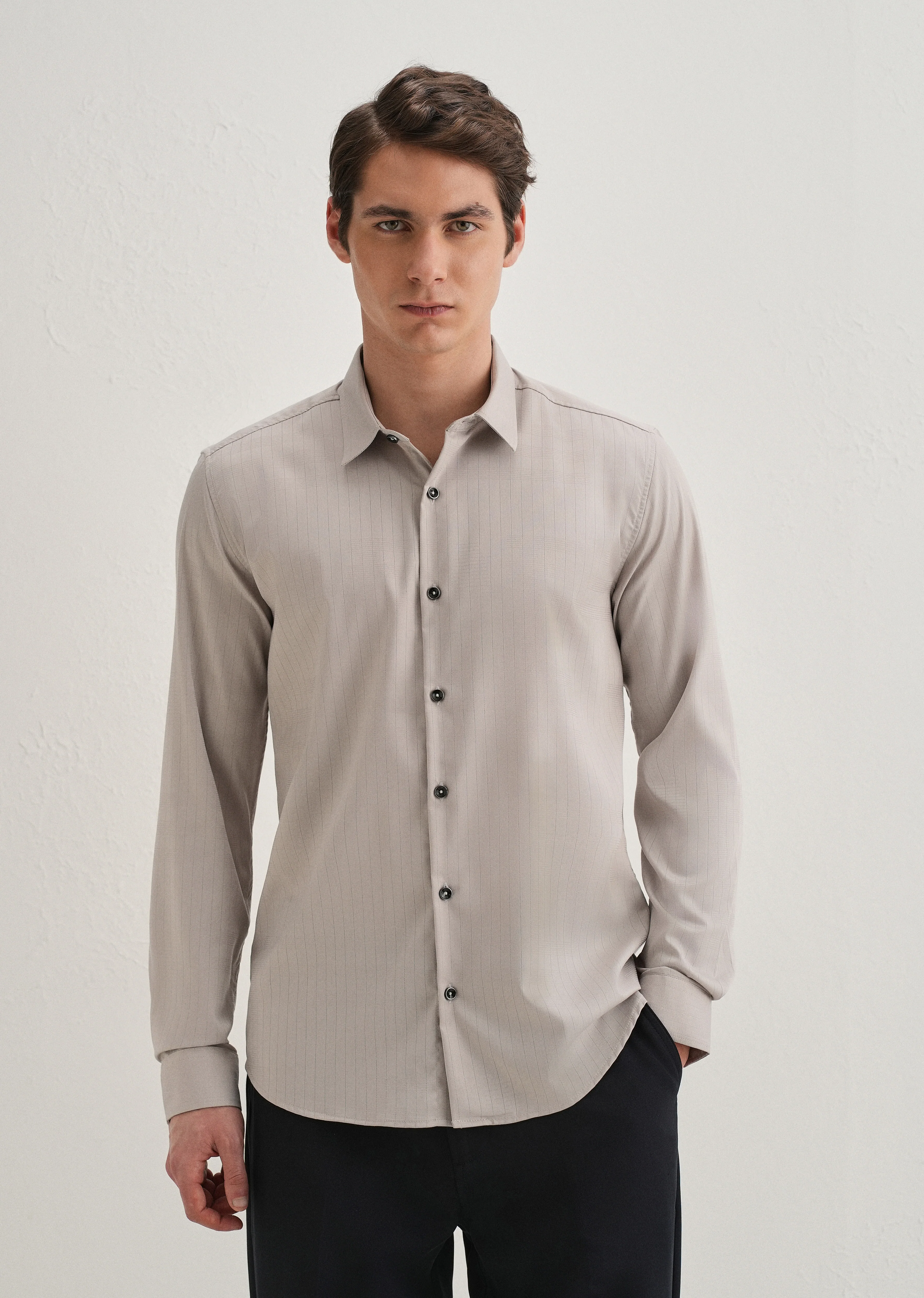 Grey Self Striped Plain Shirt - Image 4