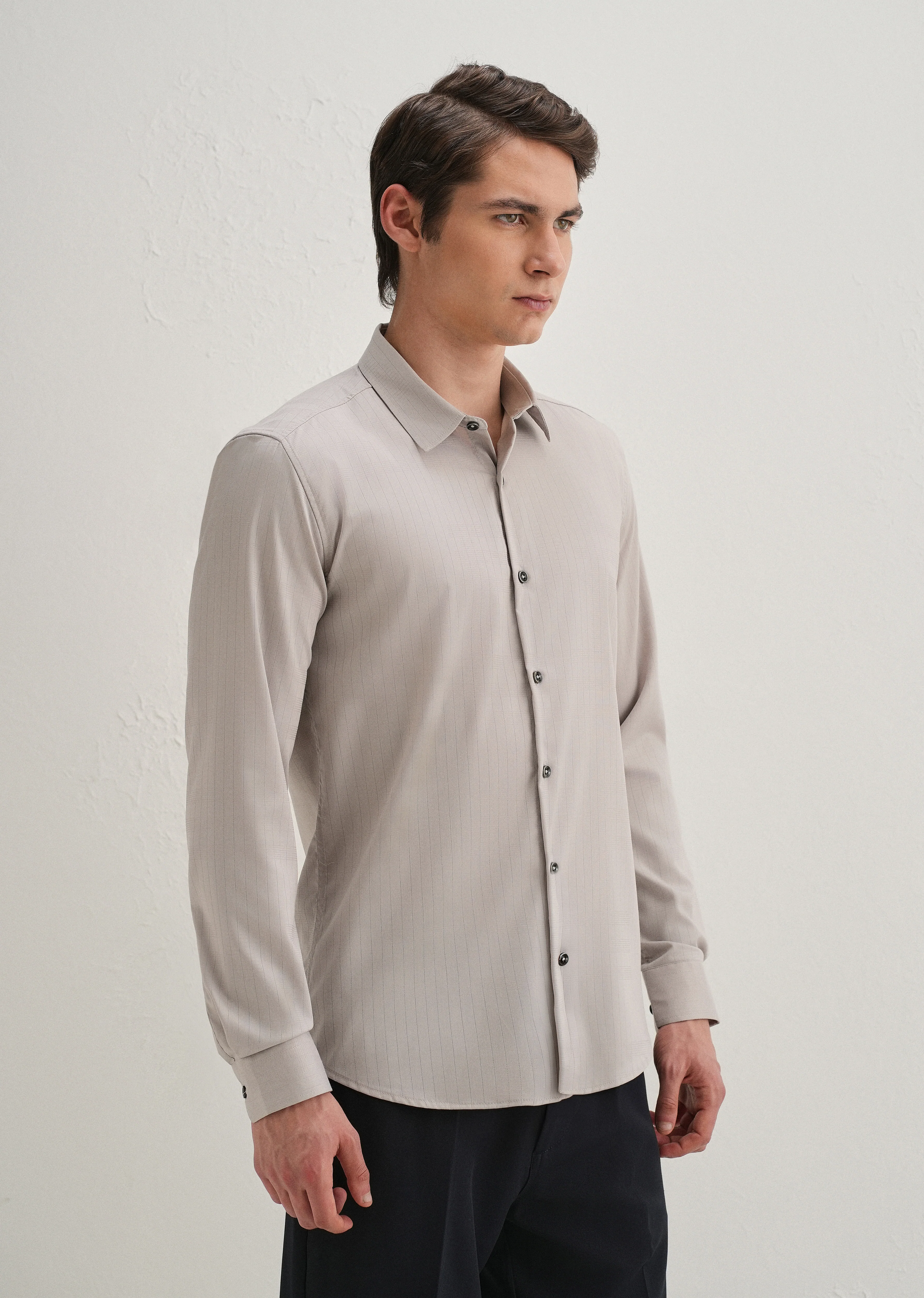 Grey Self Striped Plain Shirt - Image 5