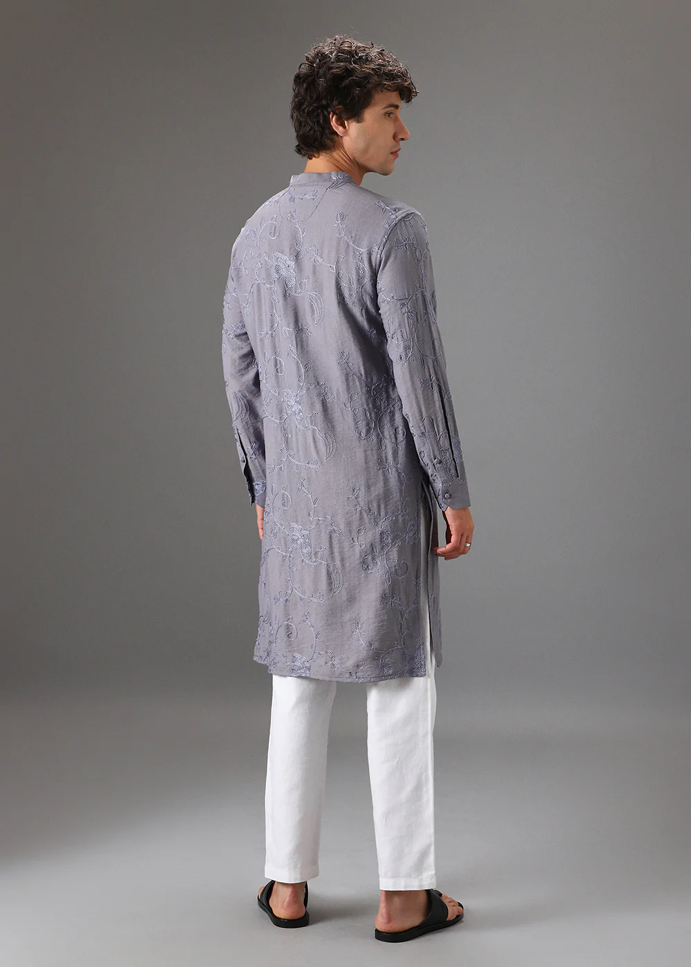 Grey Self Thread Embroidered Kurta - Image 5