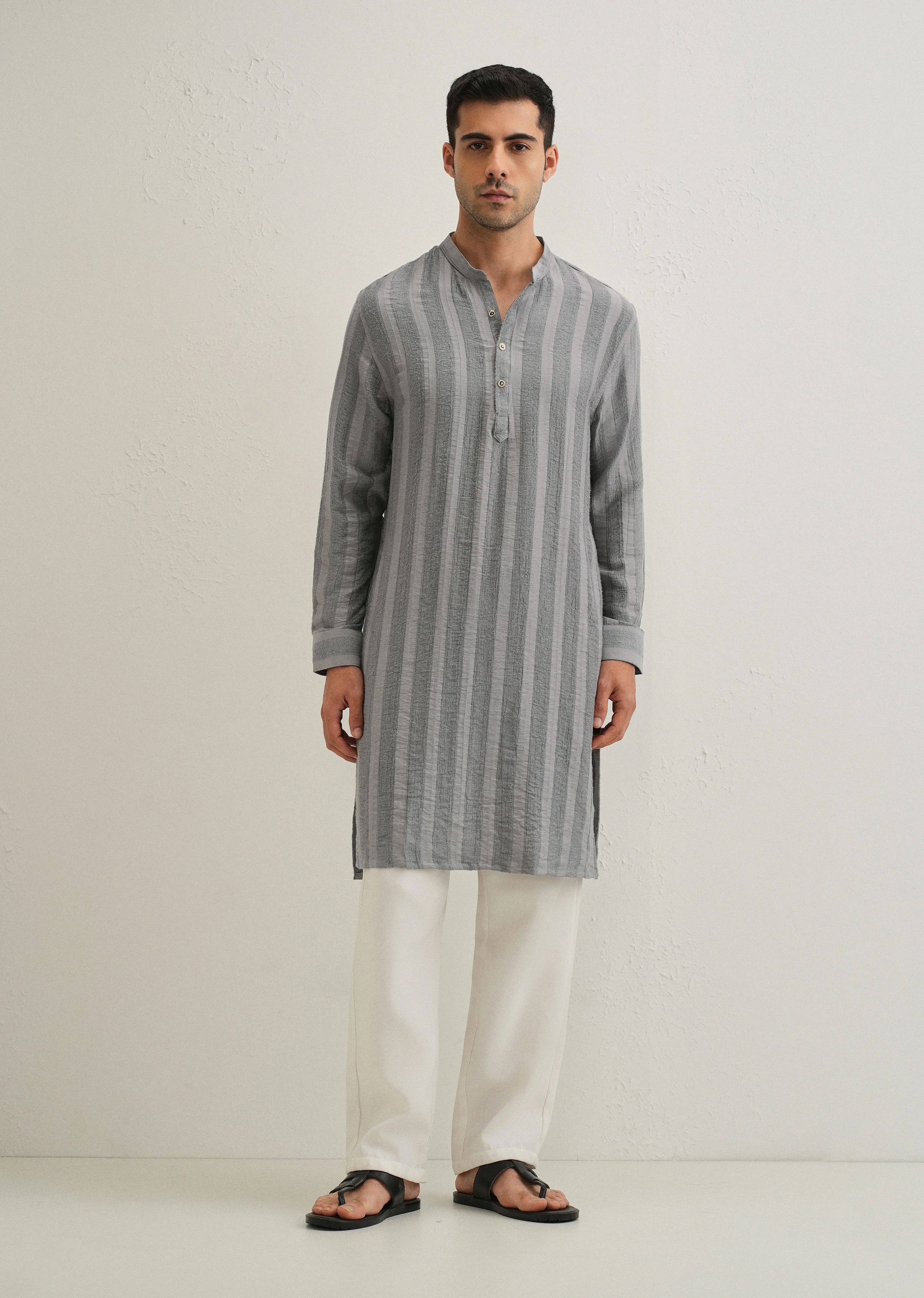 Grey Textured Vertical Stripe Kurta - Image 8