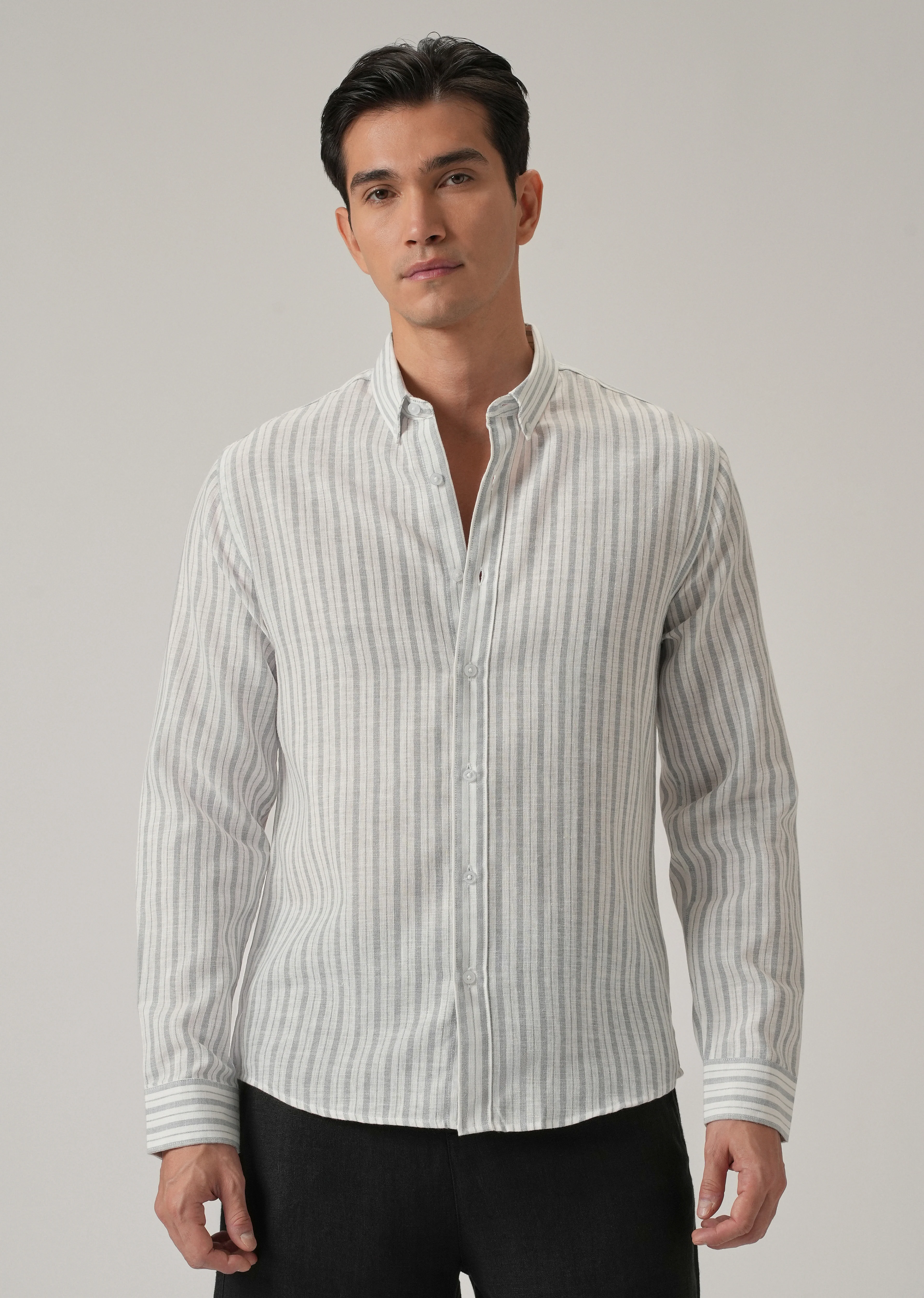 Grey Stripe Linen Shirt - Image 3