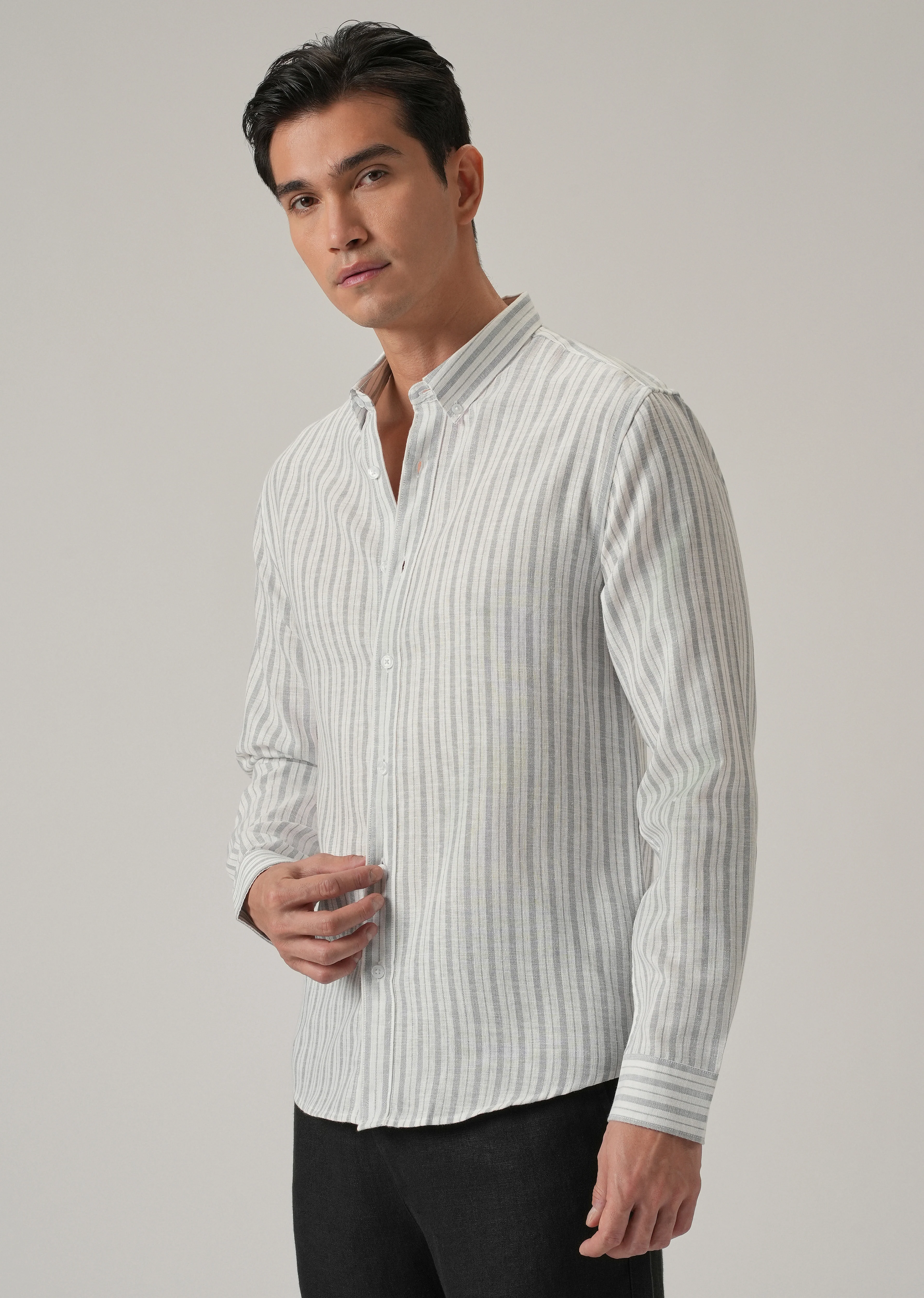 Grey Stripe Linen Shirt - Image 4