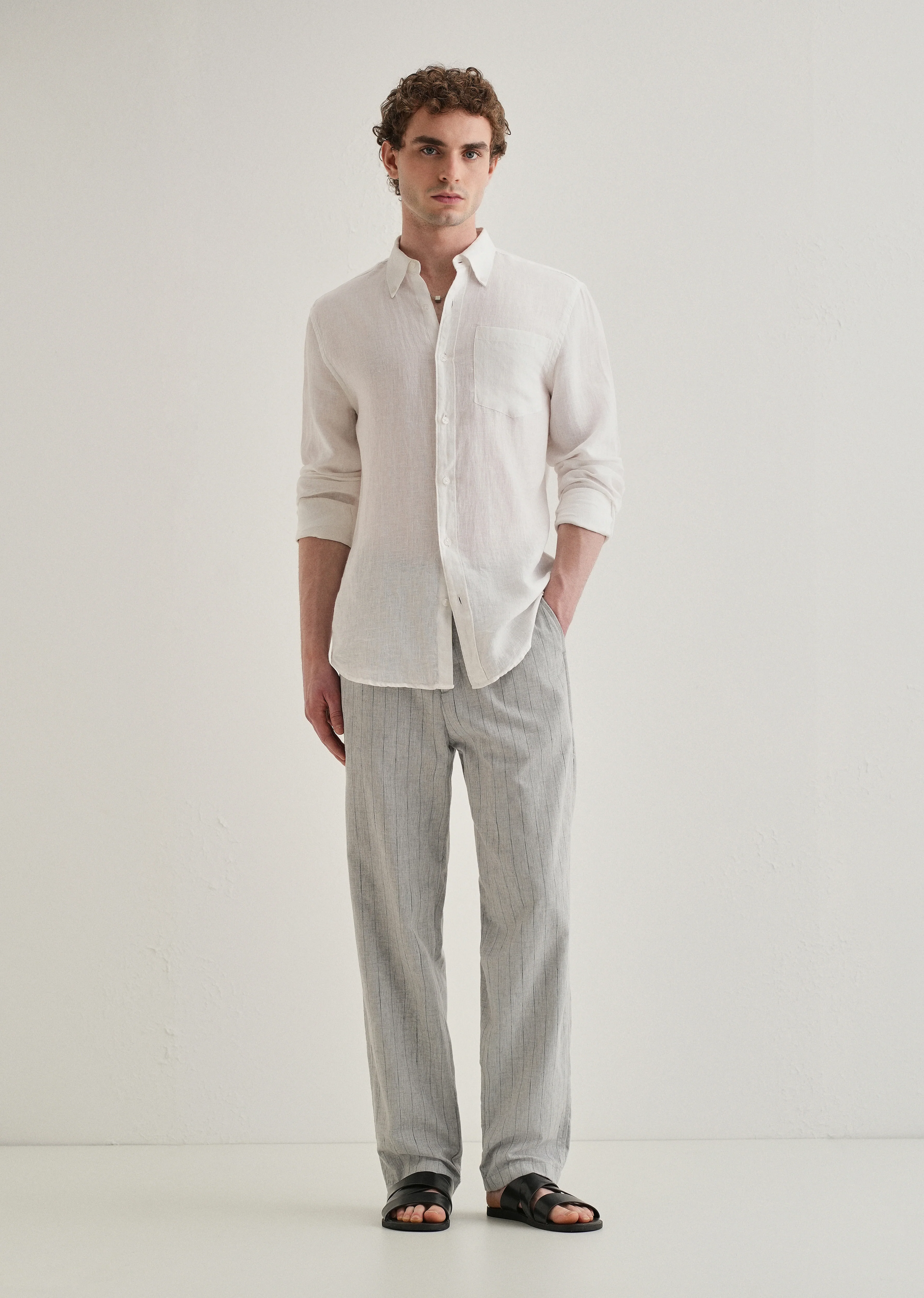 Grey Stripe Relaxed Linen Trousers - Image 6