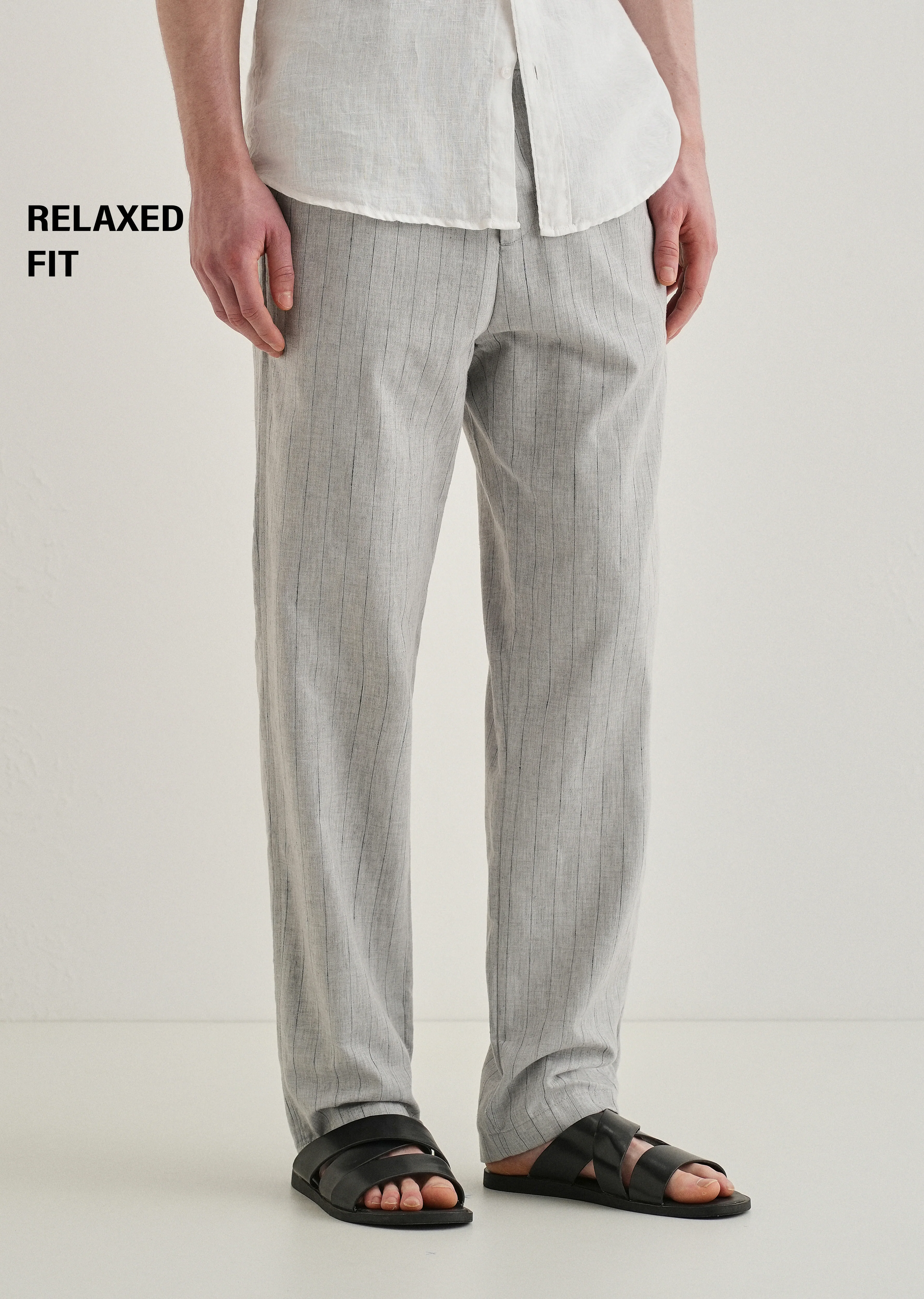 Grey Stripe Relaxed Linen Trousers - Image 7