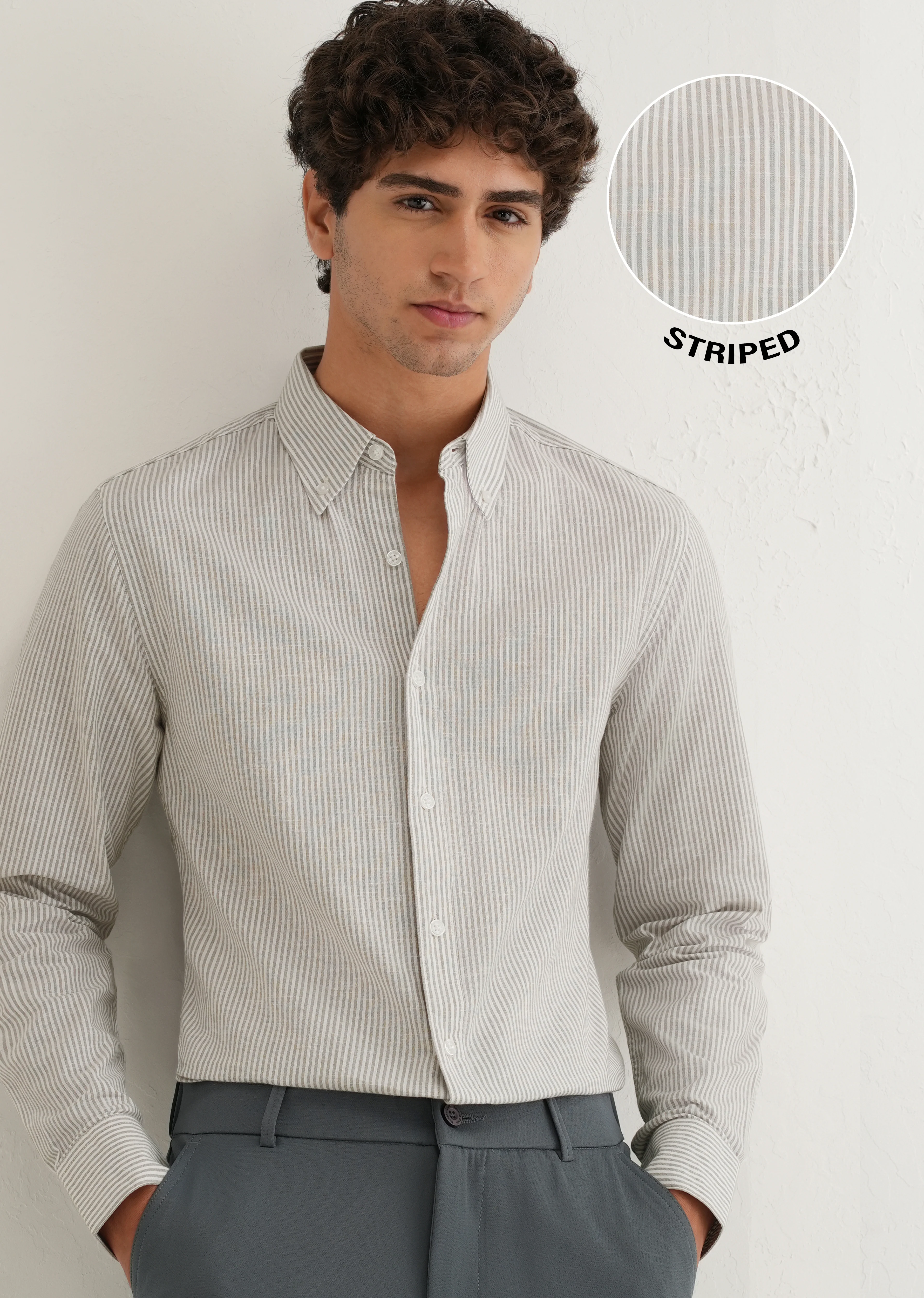 Grey Striped Cotton Linen Shirt - Image 2