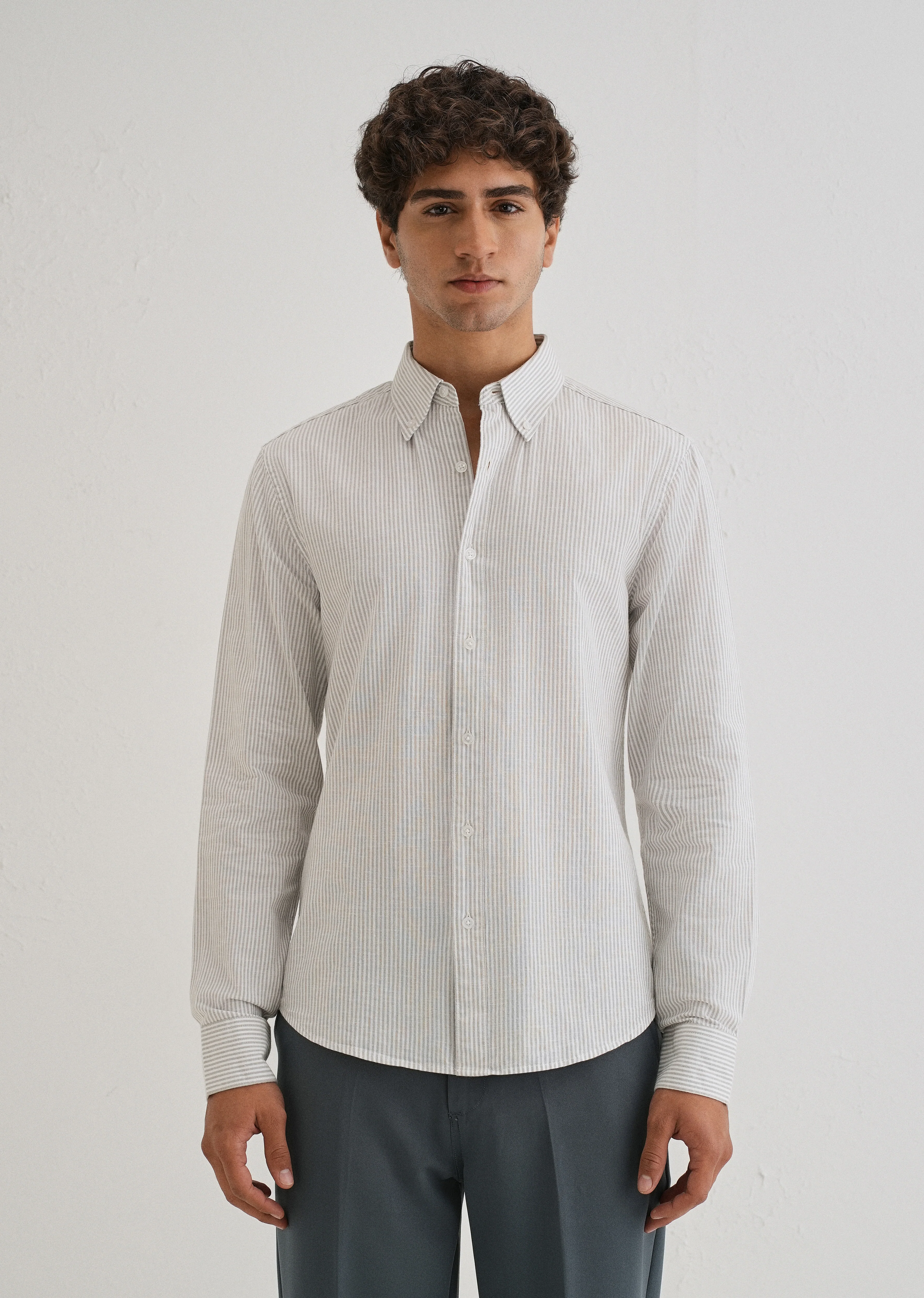 Grey Striped Cotton Linen Shirt - Image 4