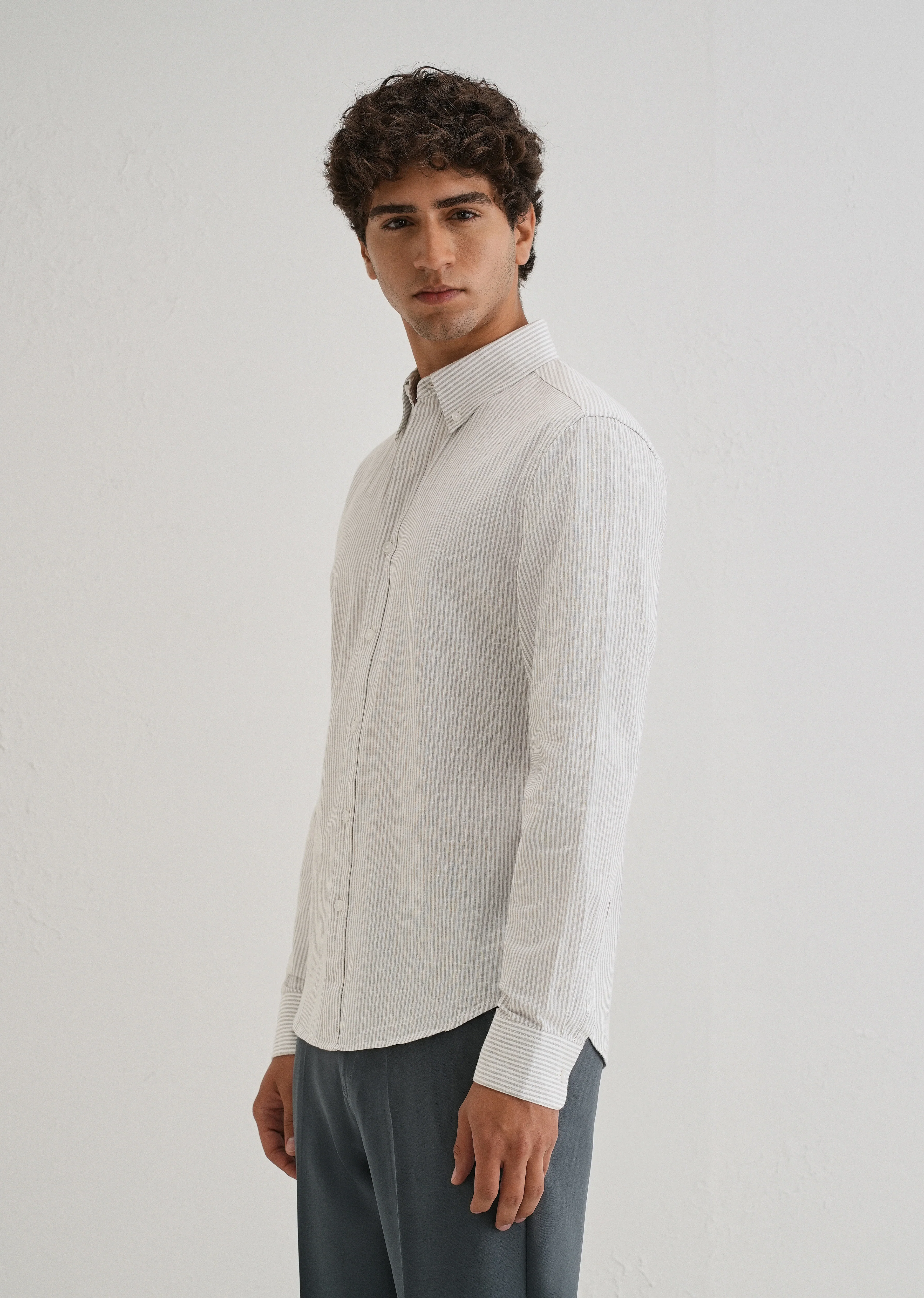 Grey Striped Cotton Linen Shirt - Image 5