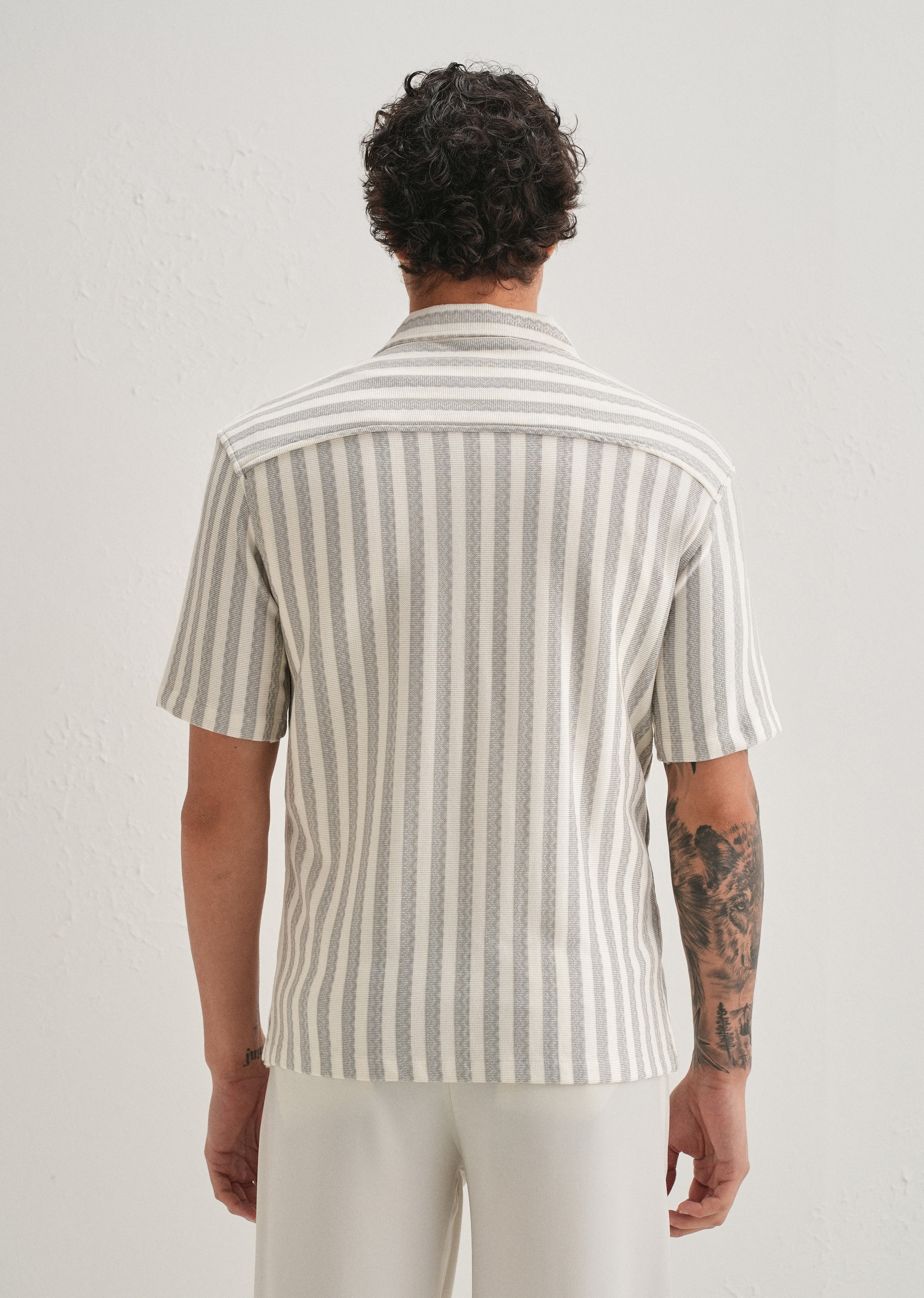 Grey Striped Knit Cuban Collar Shirt - Image 2