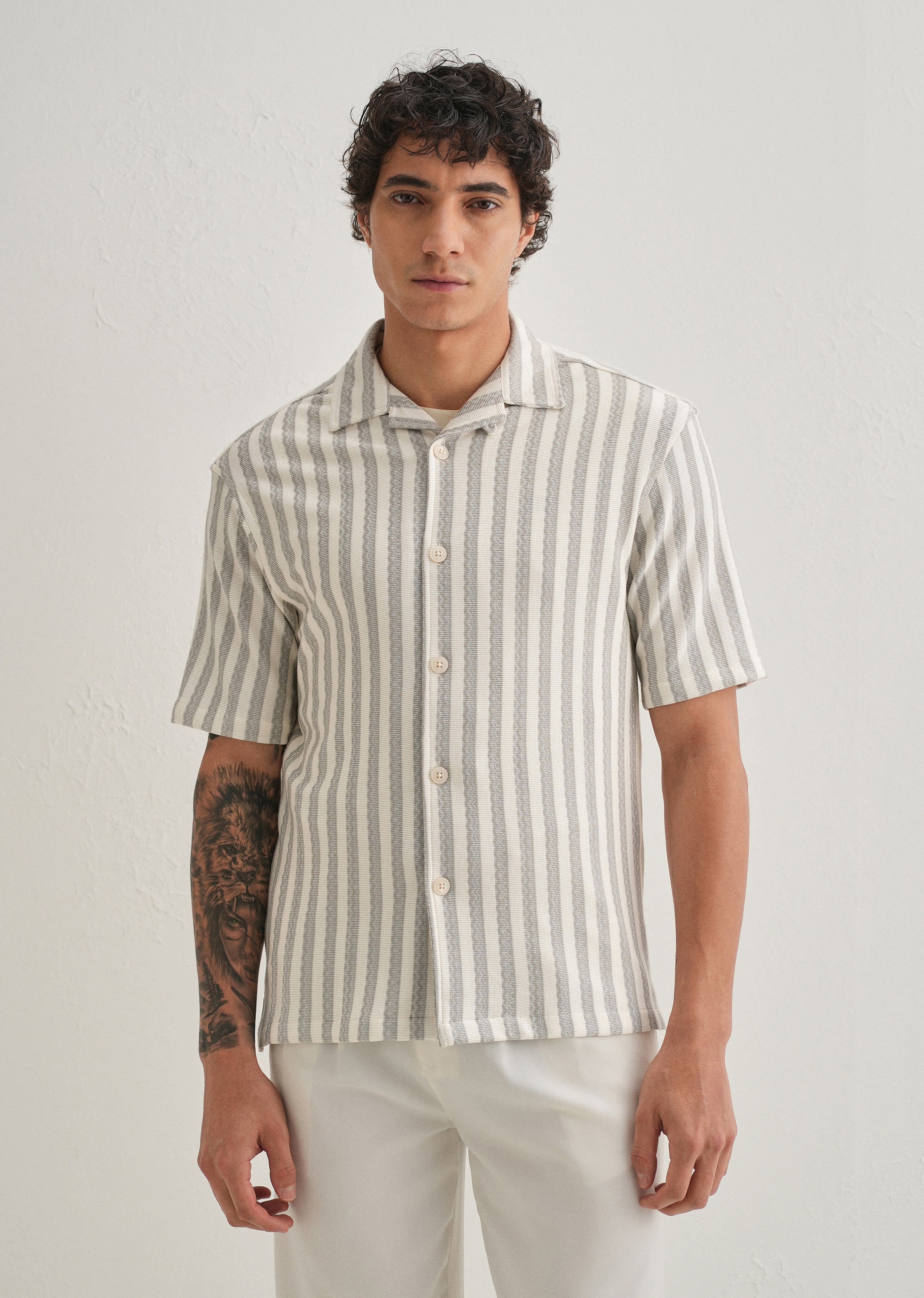 Grey Striped Knit Cuban Collar Shirt - Image 3
