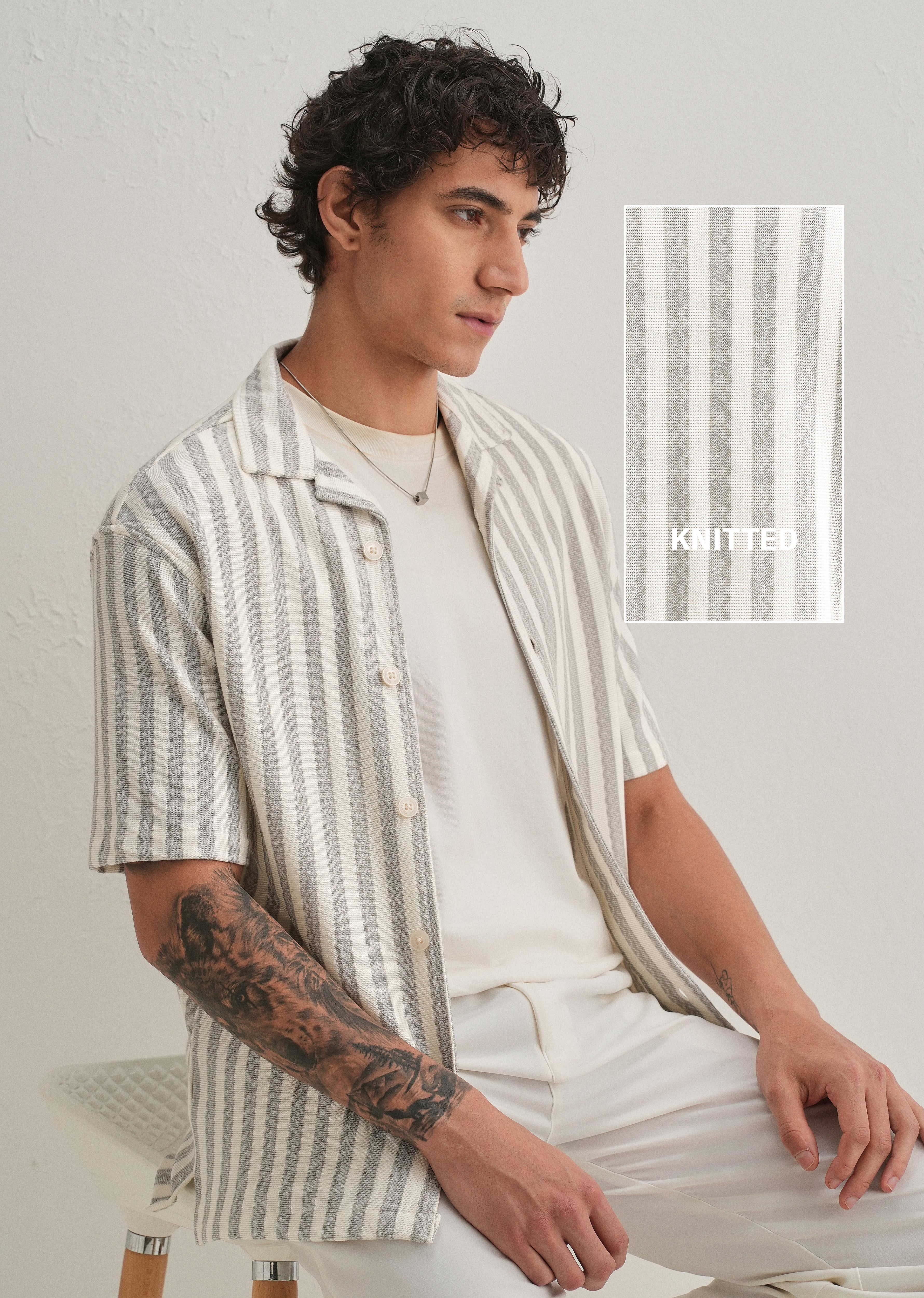 Grey Striped Knit Cuban Collar Shirt - Image 7