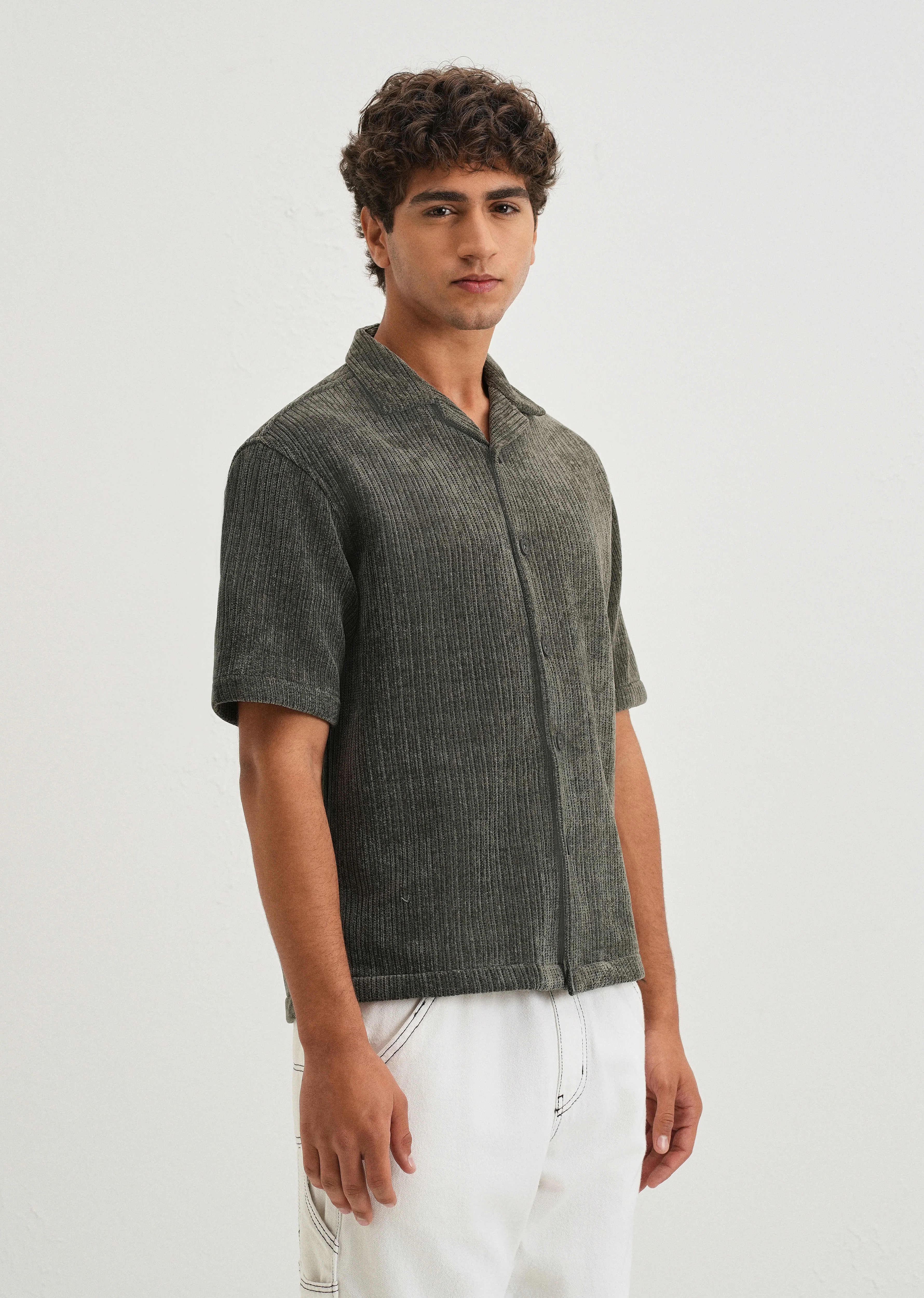 Grey Suede Knit Cuban Collar Shirt - Image 4