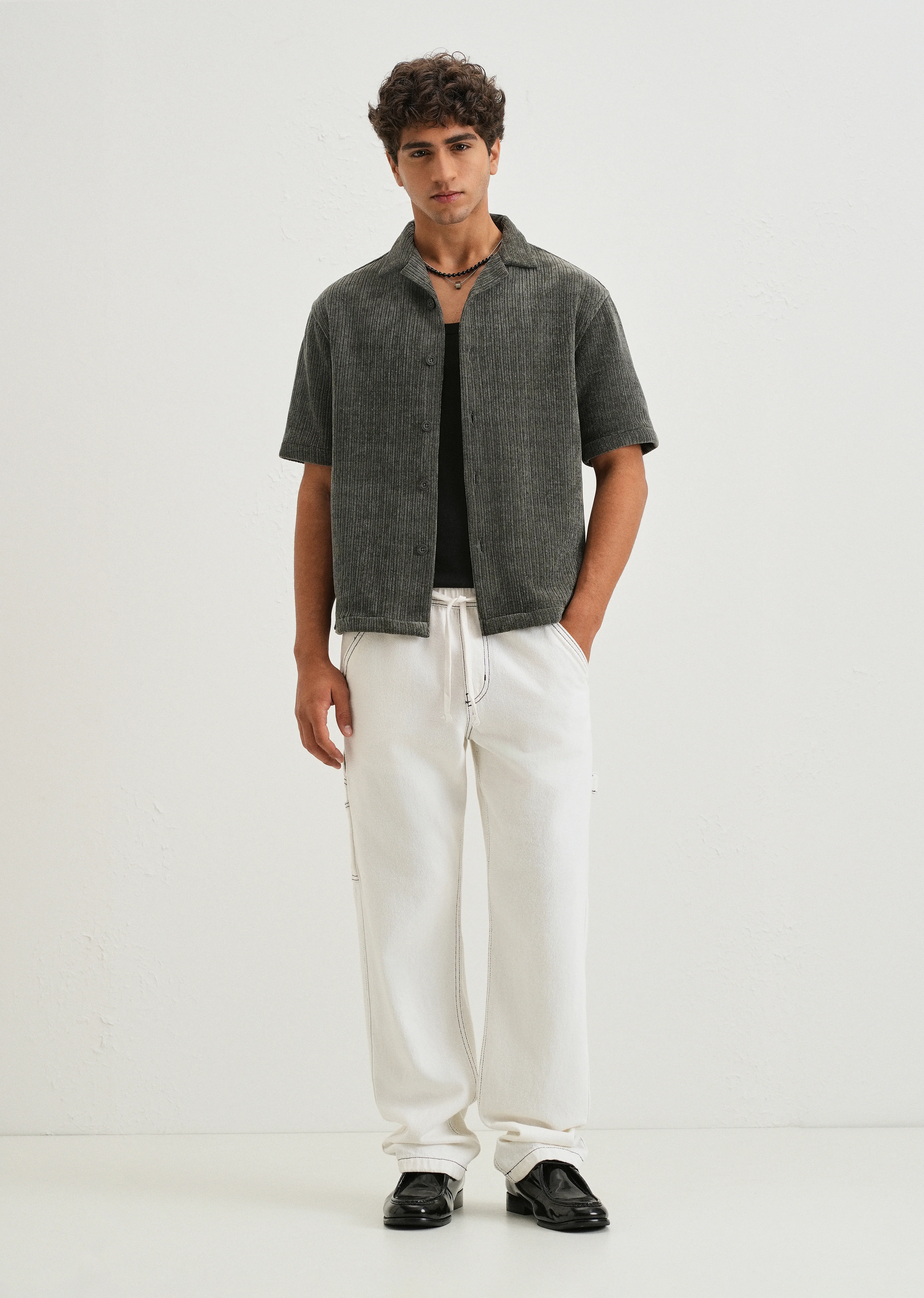 Grey Suede Knit Cuban Collar Shirt - Image 6