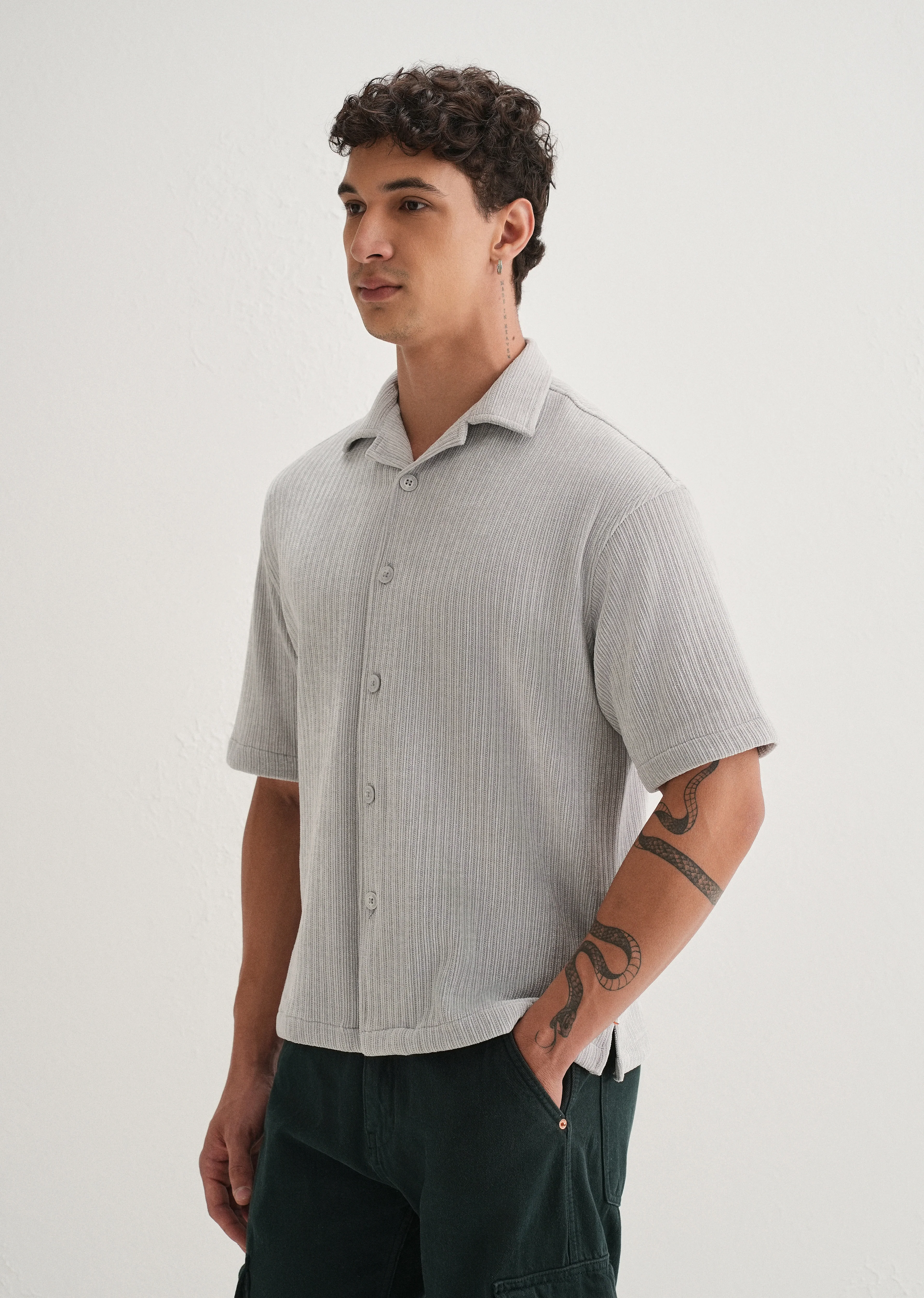 Grey Suede Knit Half Sleeve Shirt - Image 4