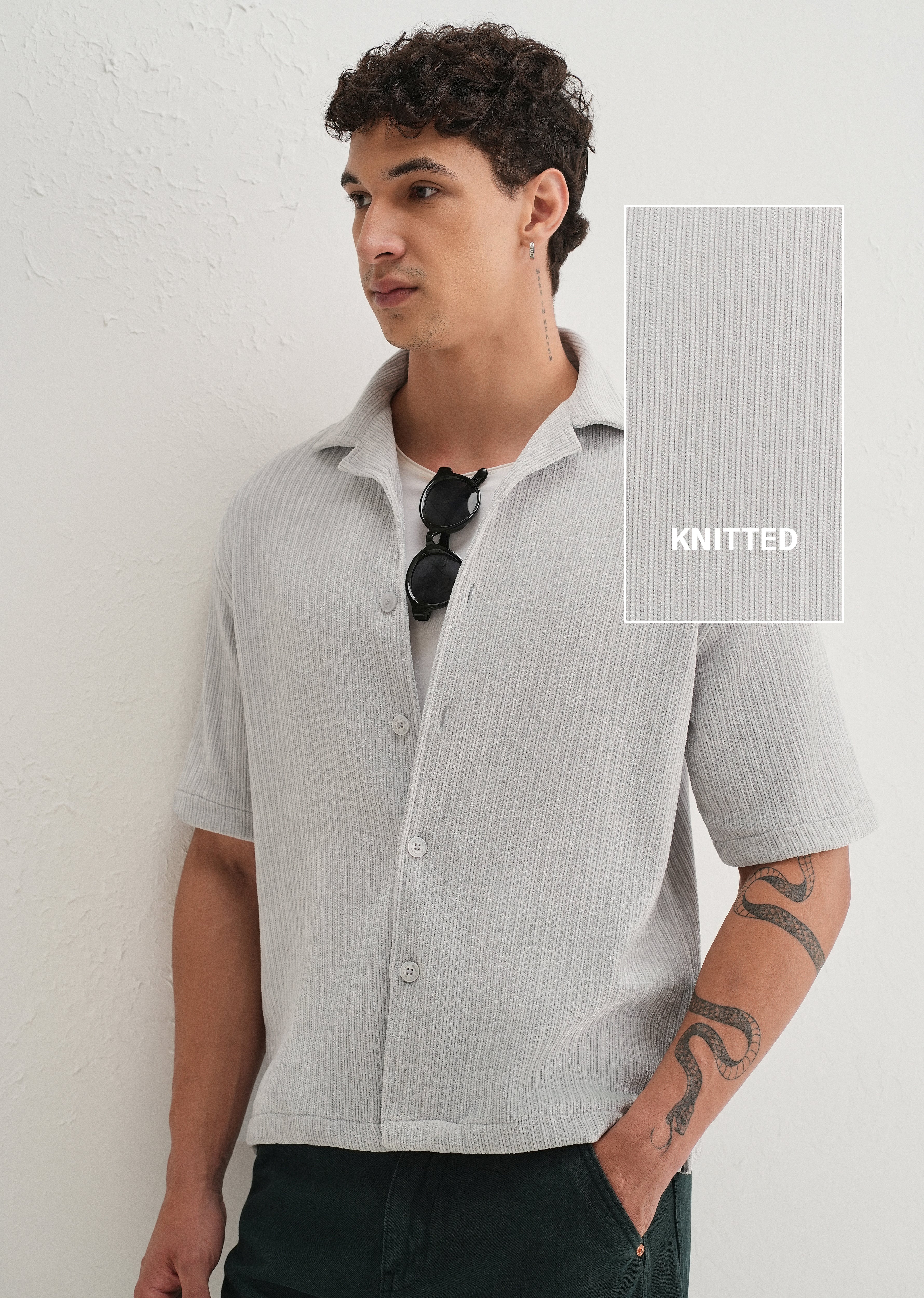 Grey Suede Knit Half Sleeve Shirt - Image 7
