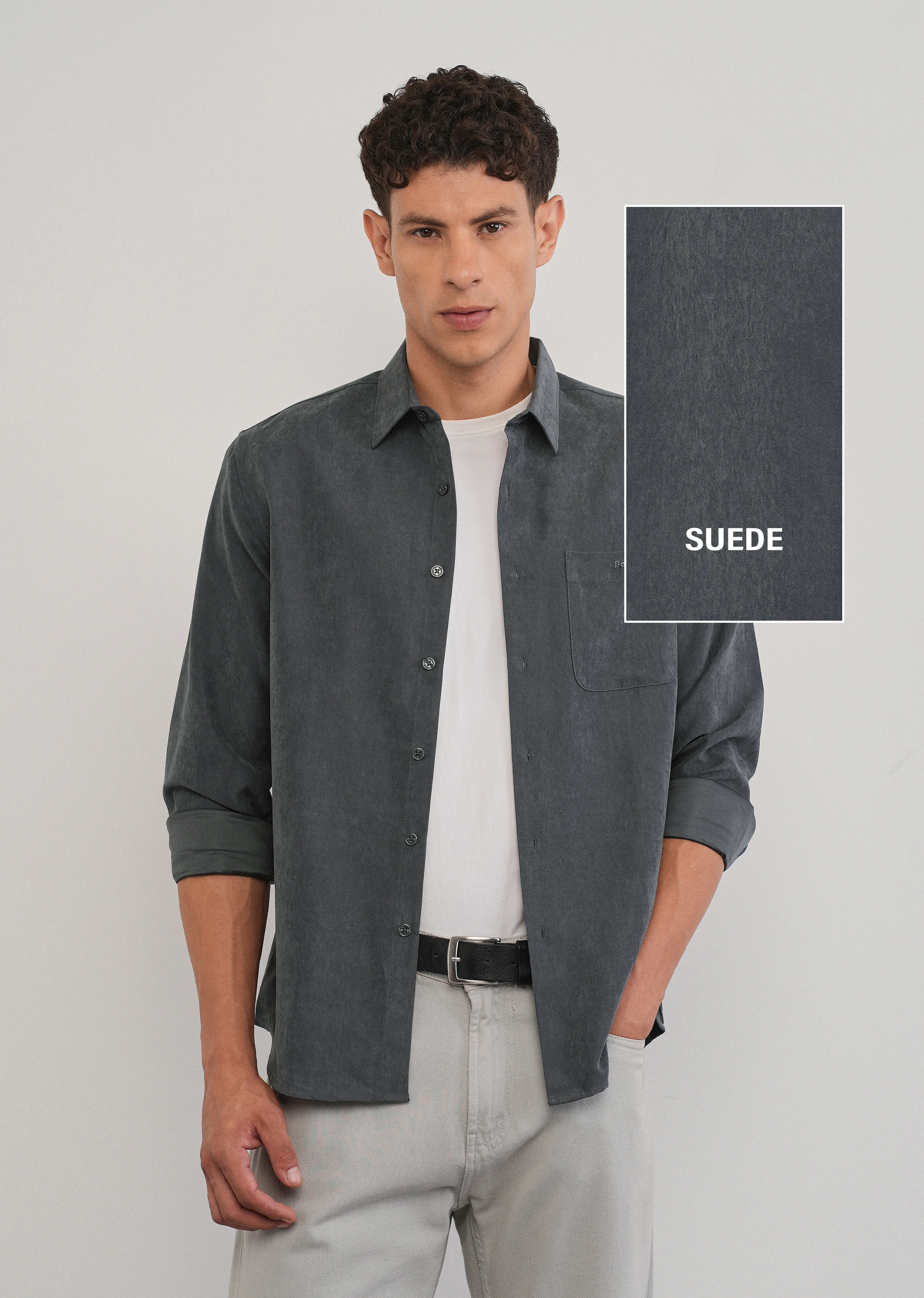 Grey Suede Plain Shirt - Image 7
