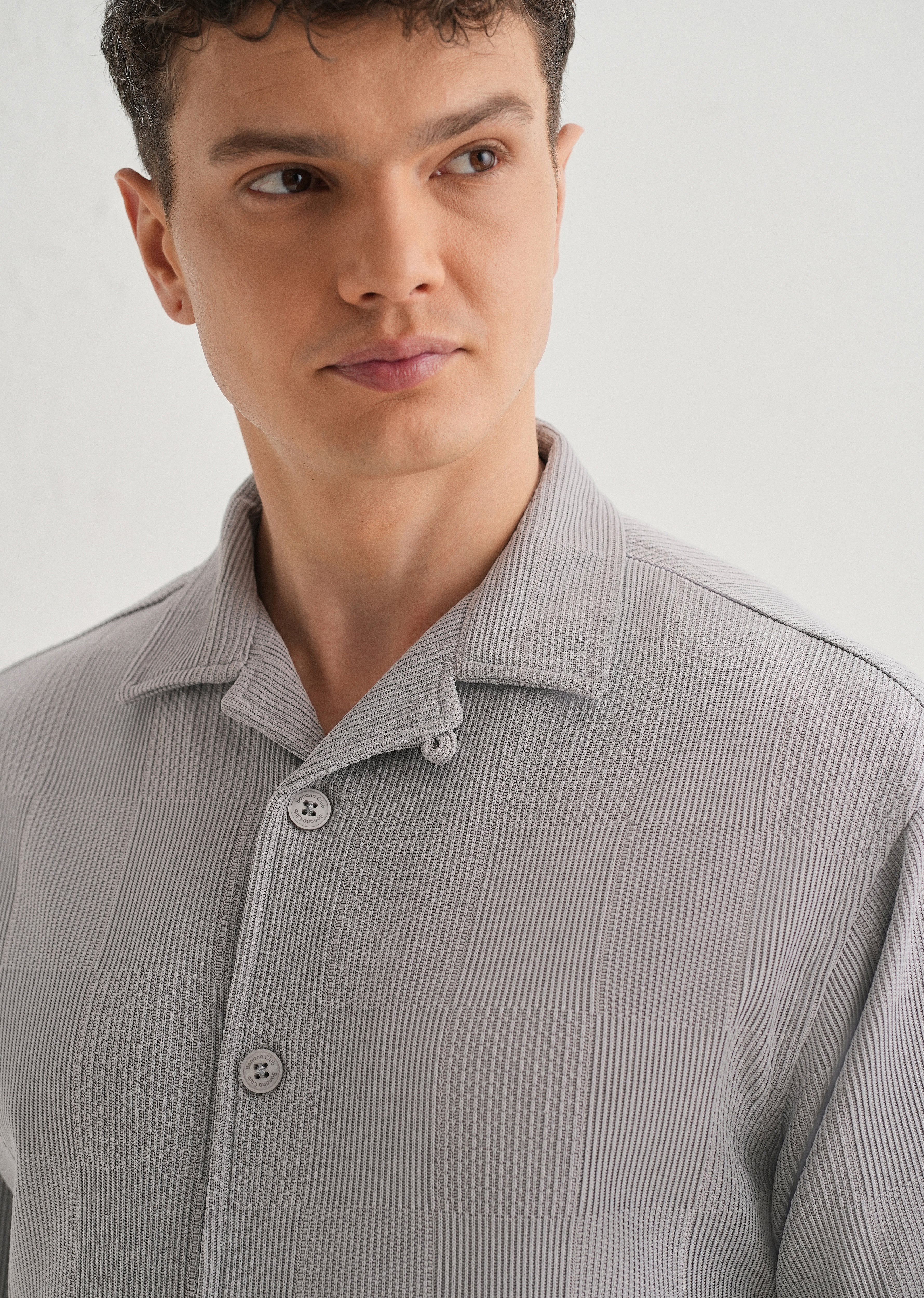 Grey Textured Check Knit Shirt - Image 5