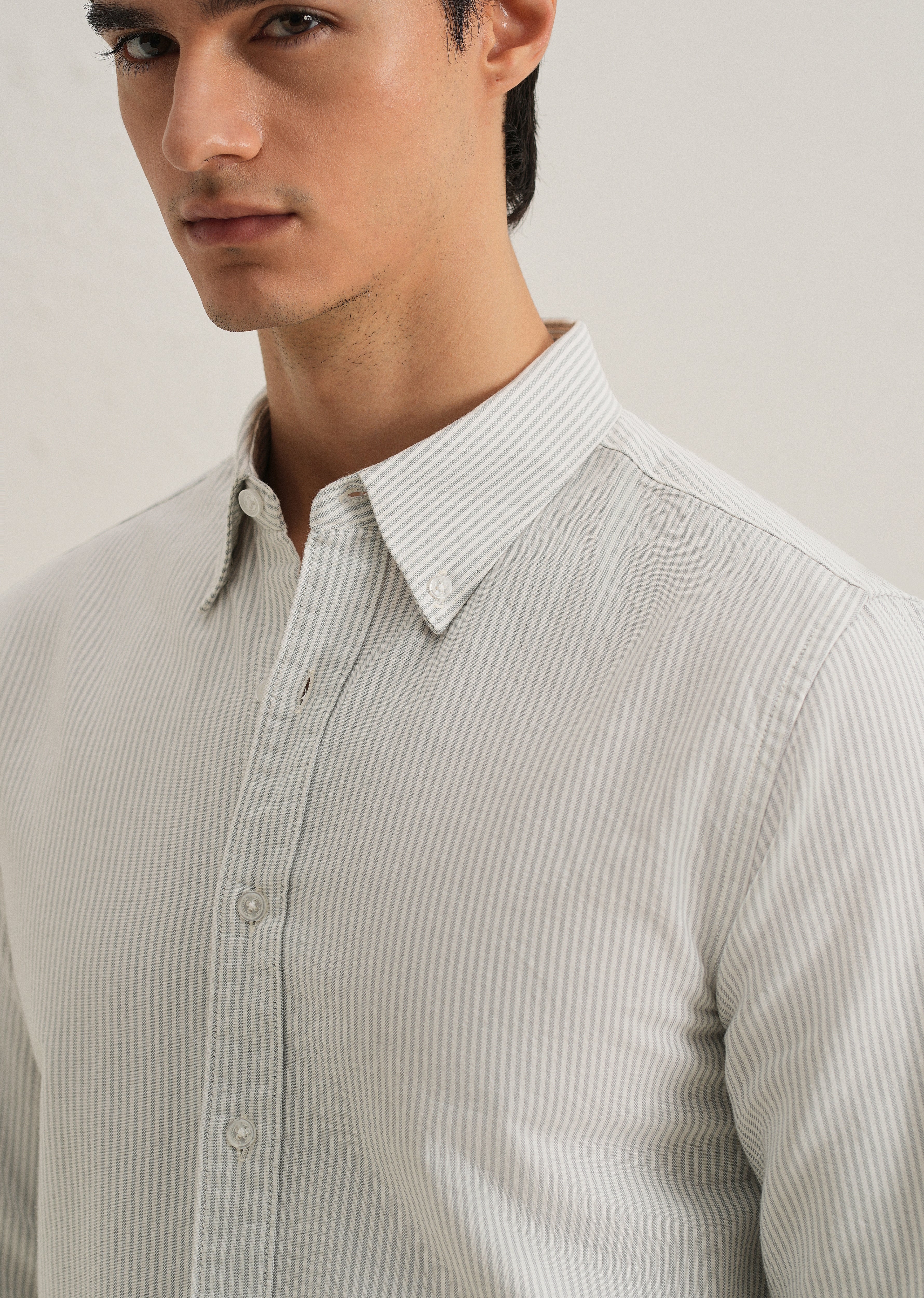 Grey Vertical Striped Cotton Shirt - Image 2