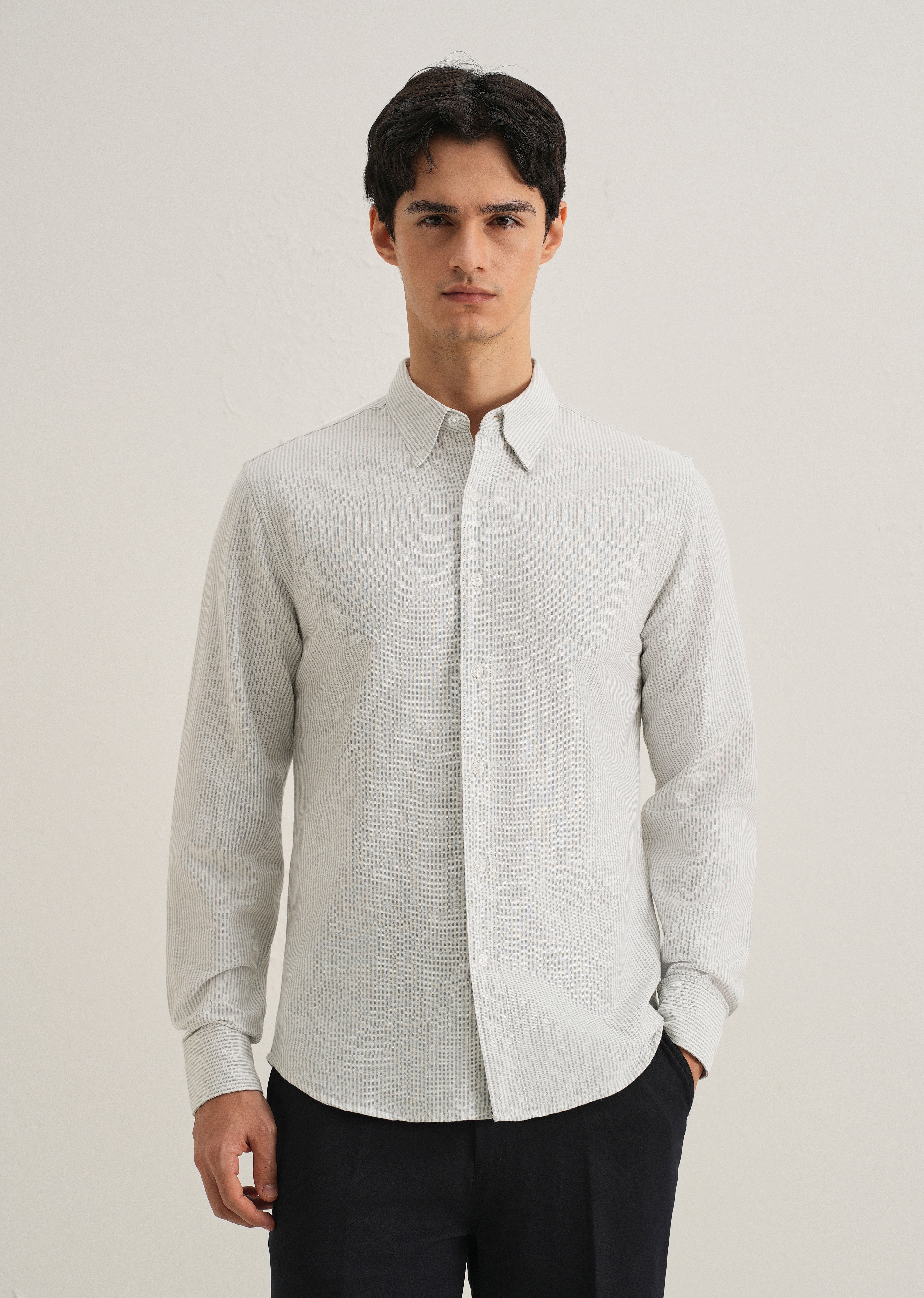 Grey Vertical Striped Cotton Shirt - Image 3