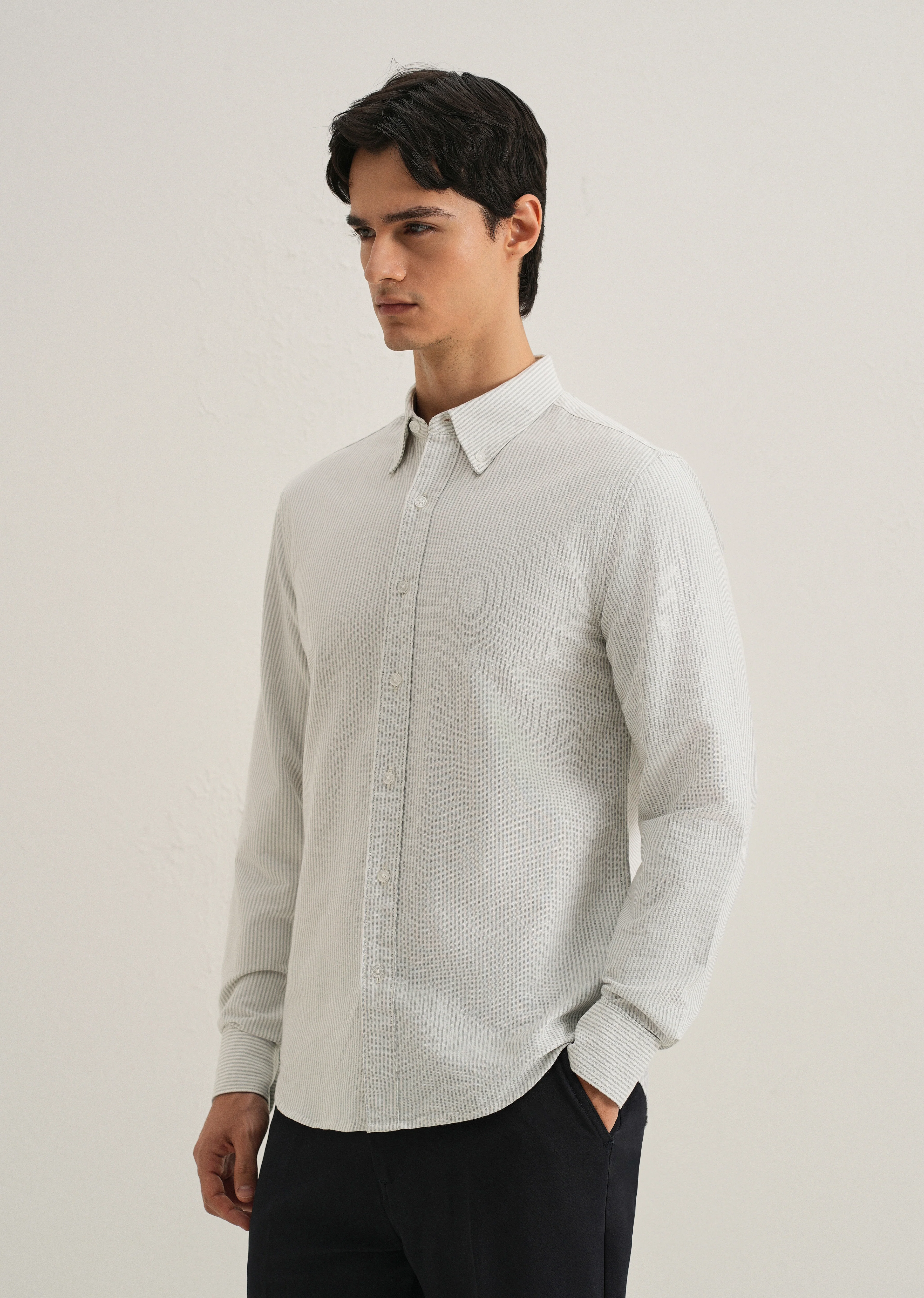 Grey Vertical Striped Cotton Shirt - Image 5