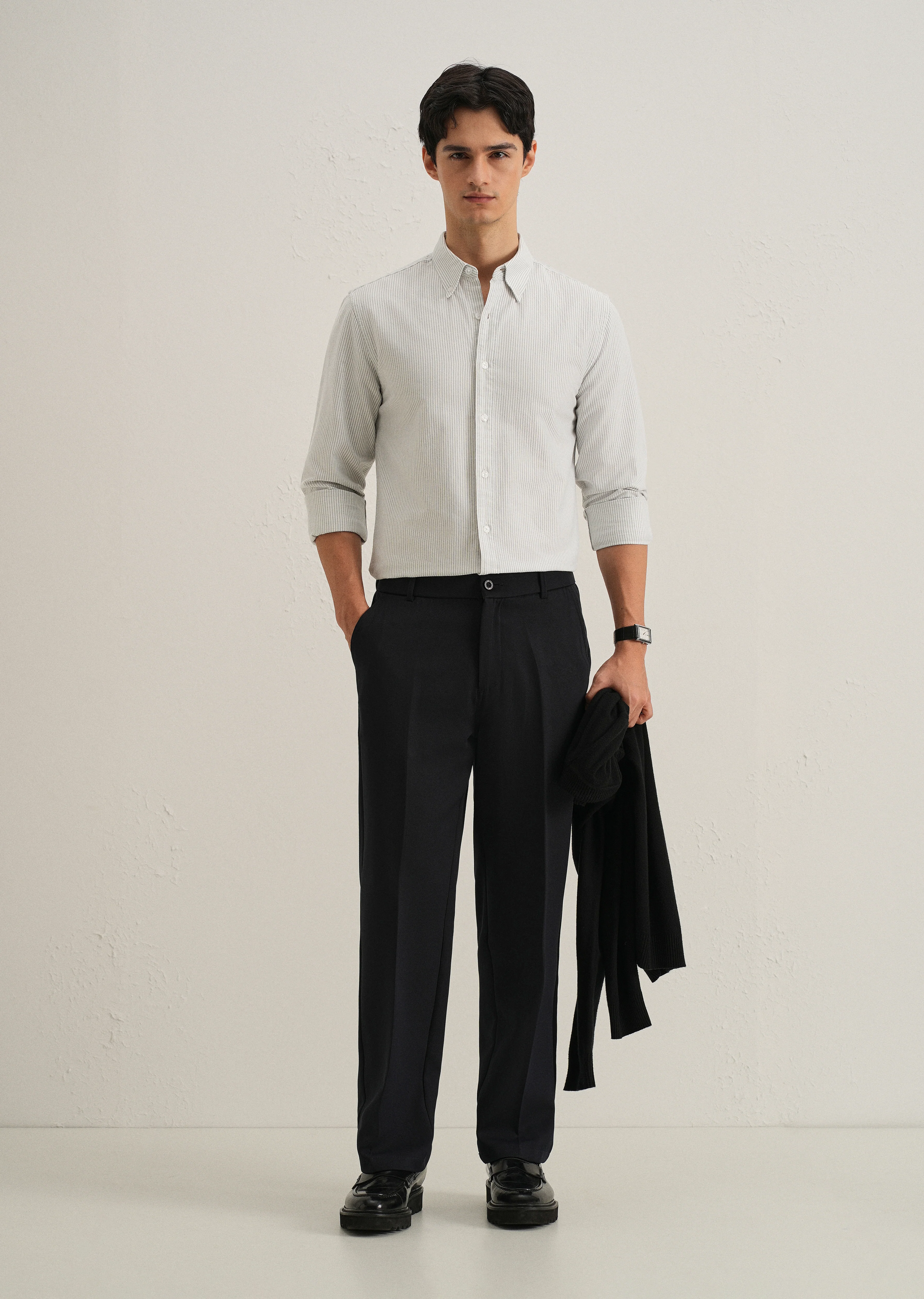 Grey Vertical Striped Cotton Shirt - Image 6