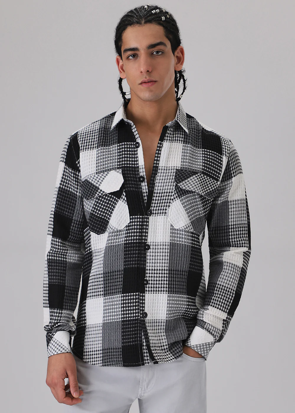 Grey Waffle Plaid Check Shirt - Image 3