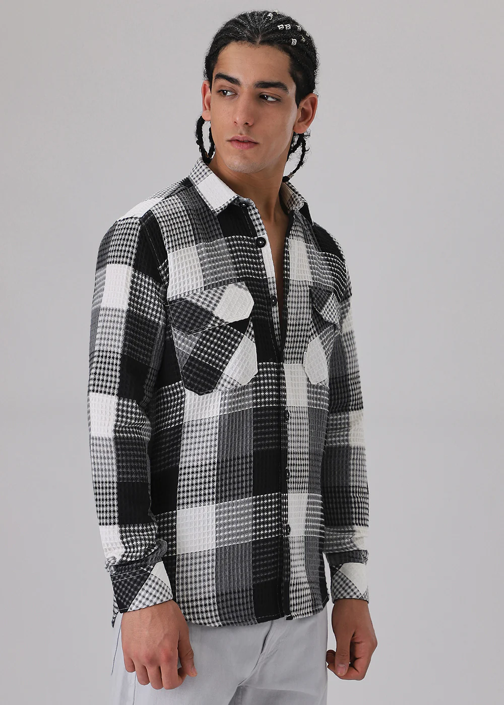 Grey Waffle Plaid Check Shirt - Image 6