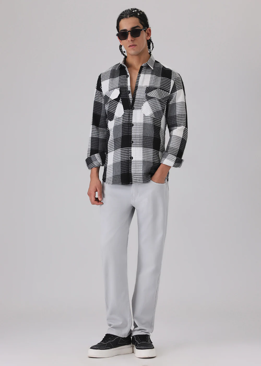 Grey Waffle Plaid Check Shirt - Image 7